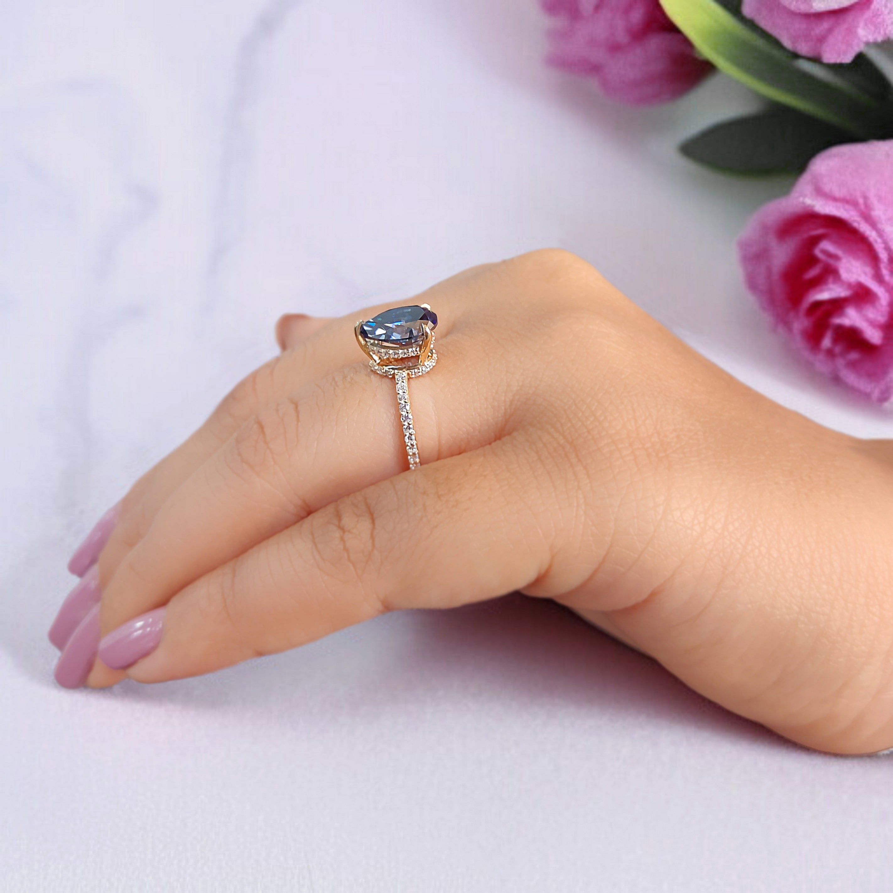 Pear Royal Blue Moissanite Ring Hidden Halo Engagement Ring 2.15 TW Pear Shaped Moissanite Best Proposal Ring Anniversary Gift Ring FD464