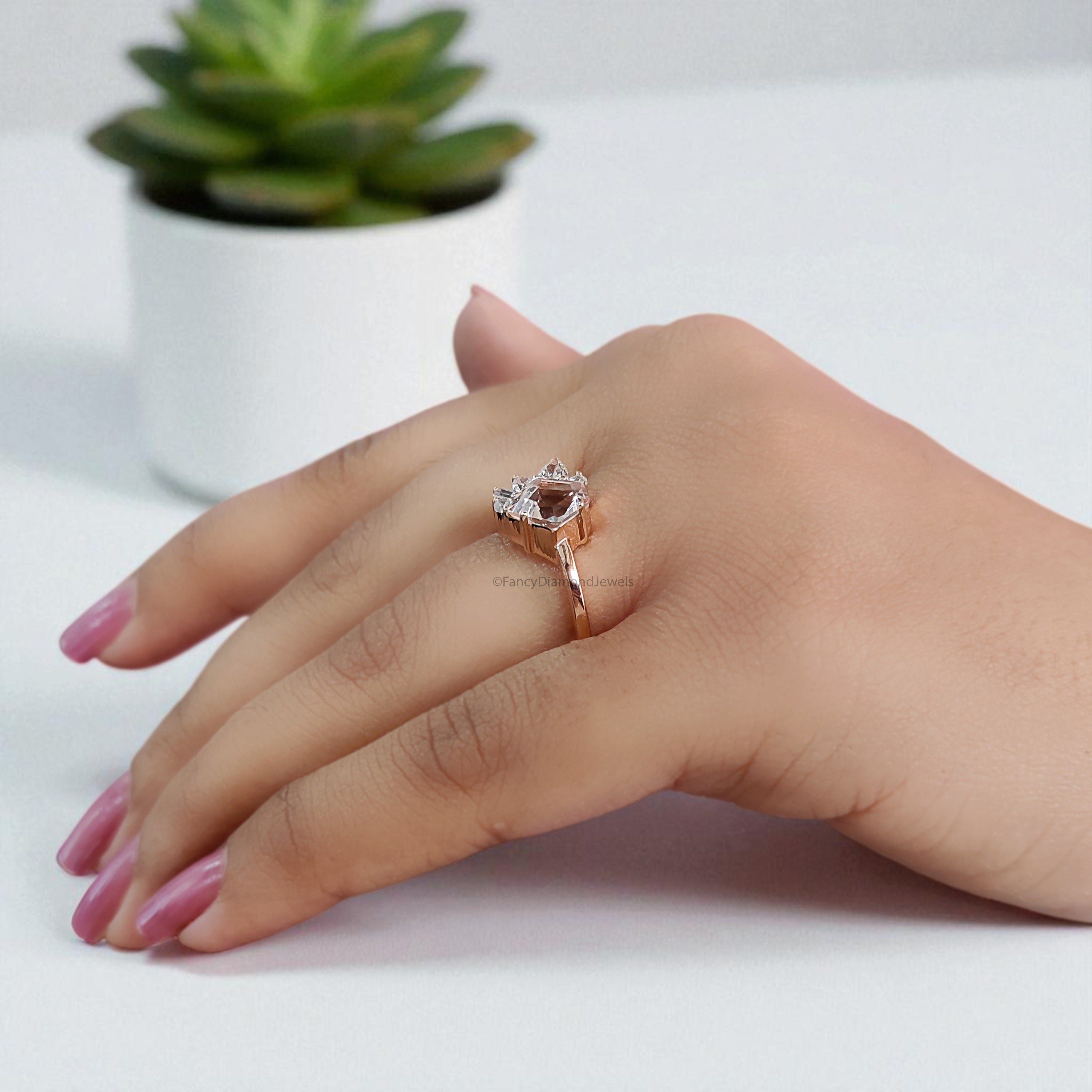 1.10 CT Pentagon Cut Natural Morganite Engagement Ring Rose Gold Ring Pentagon Diamond Wedding Ring Unique Vintage Ring Gift For Her FD430