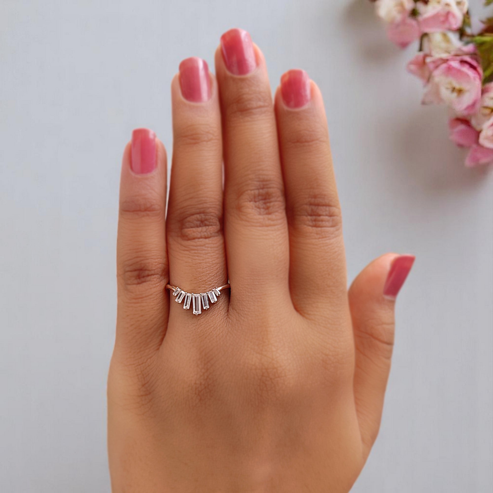 Baguette Colorless Moissanite Diamond Curved Wedding Band 14k Solid Rose/ Yellow/ White Gold 0.75 CT Diamond Band Half Eternity Band KD828