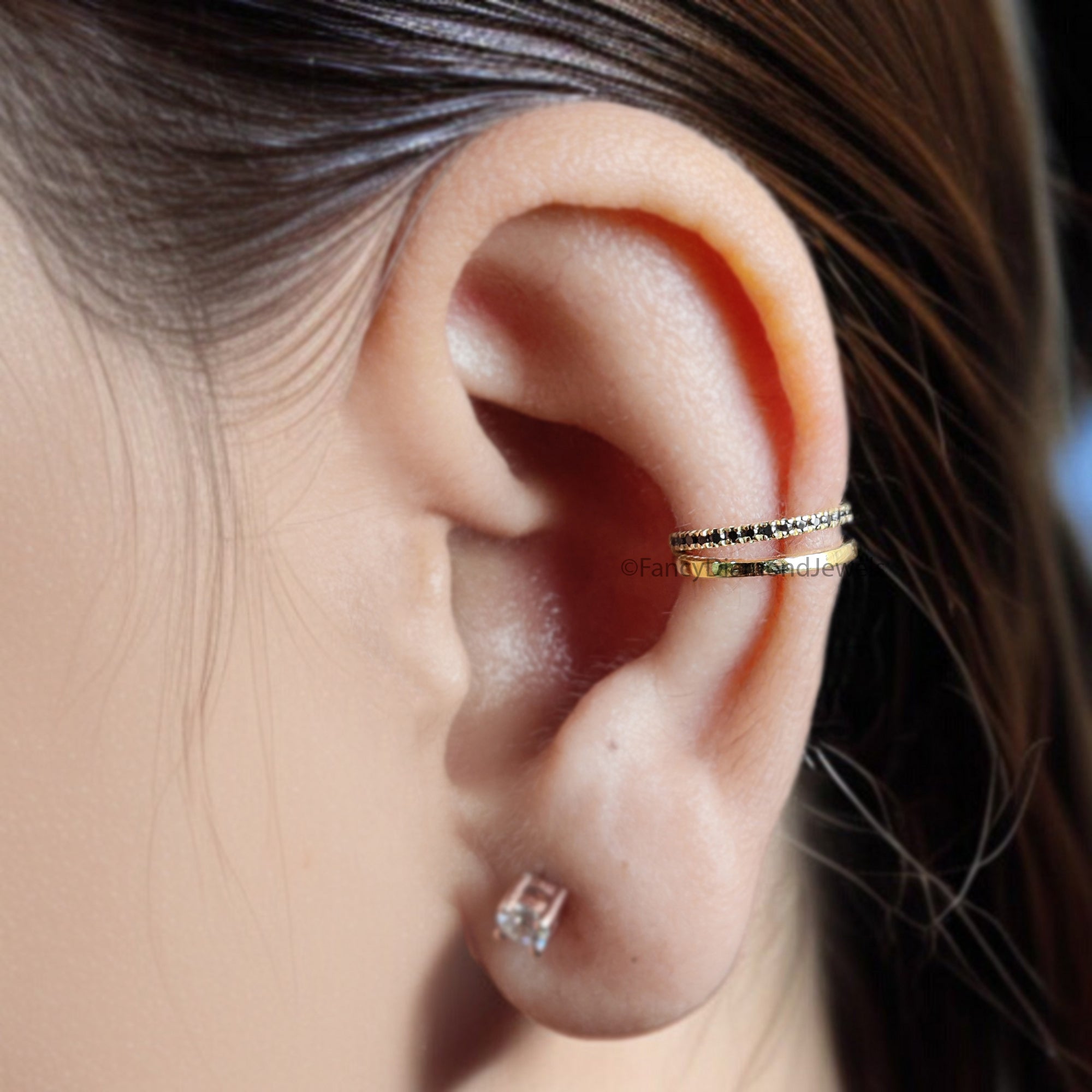 Round Brilliant Cut Black Color Diamond Ear Cuff Double Band Ear Cuff Dainty Ear Cuff Black Diamond Simulant Cuff Yellow Gold Ear Wrap FD354