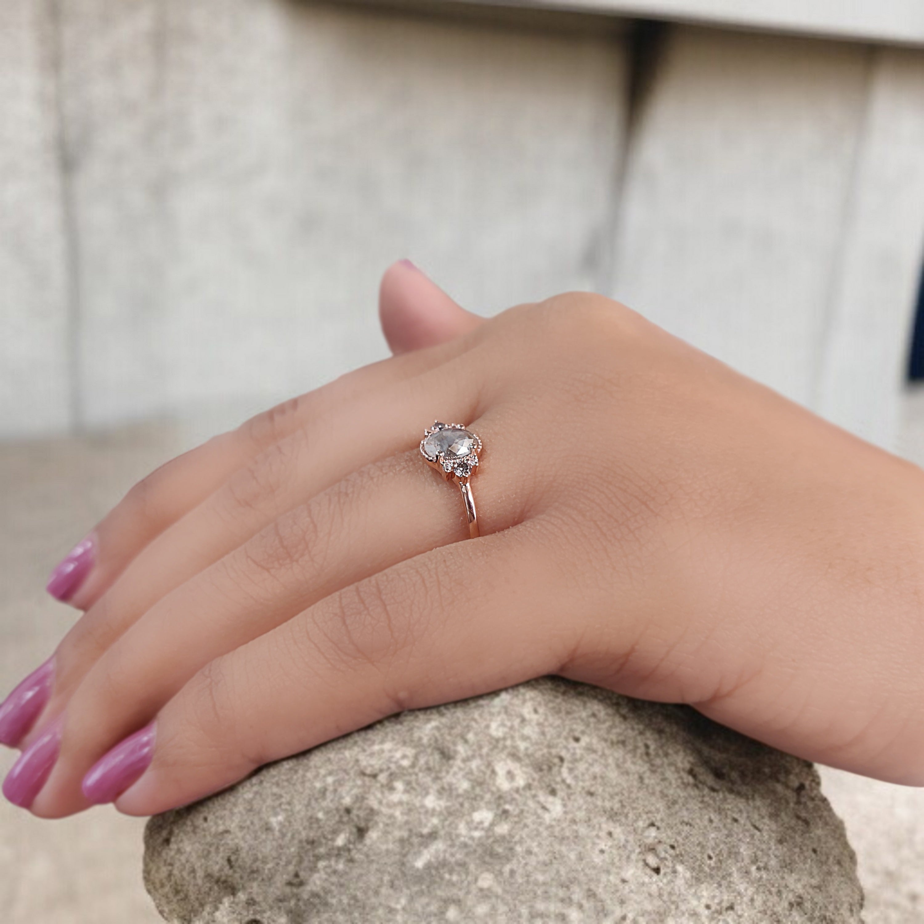 Oval Cut Salt And Pepper Diamond Ring 0.68 Ct 6.27 MM Oval Diamond Ring 14K Solid Rose Gold Silver Oval Engagement Ring Gift For Her QN2185