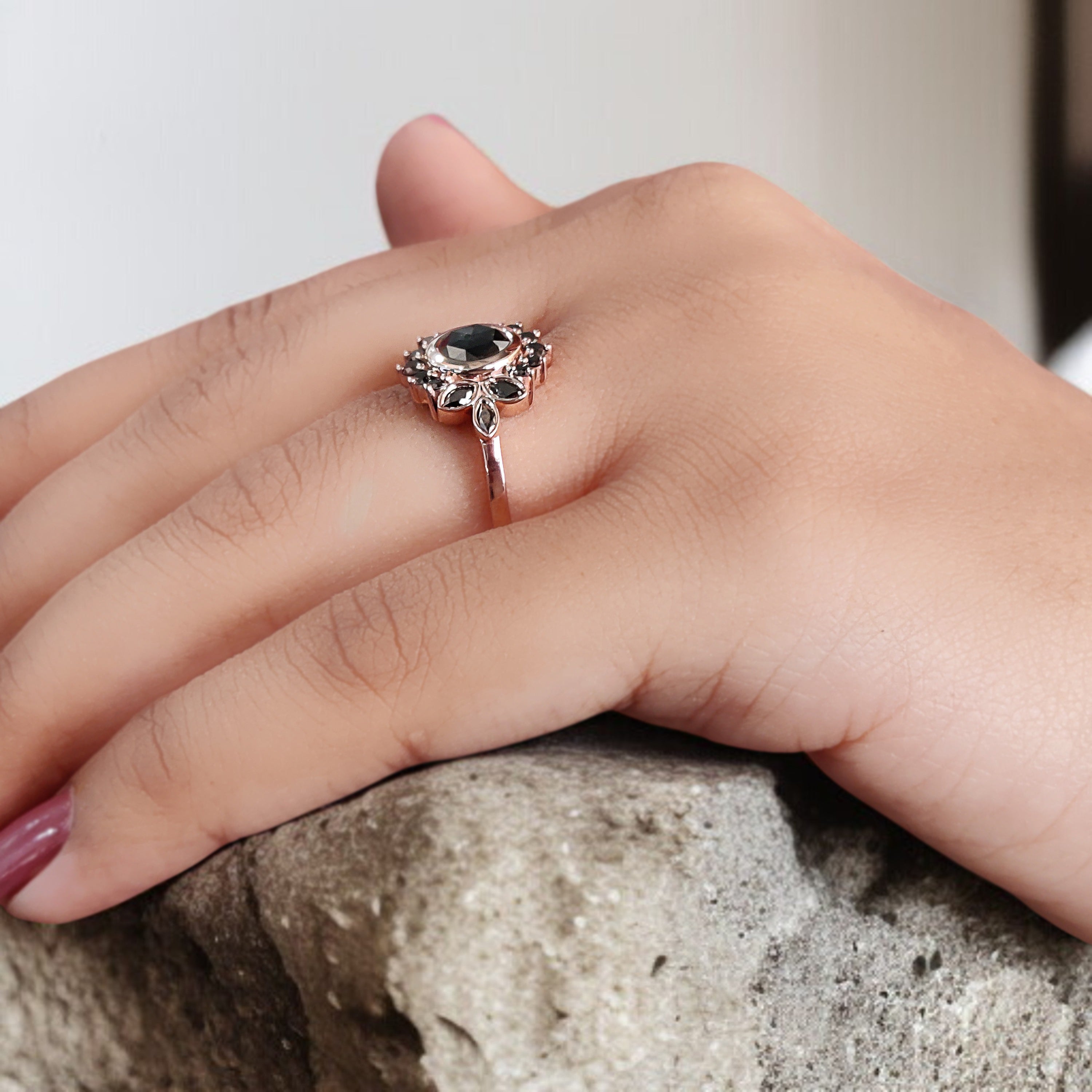 Round Rose Cut Black Color Diamond Ring 0.80 Ct 6.00 MM Rose Cut Diamond Ring 14K Solid Rose Gold Silver Engagement Ring Gift For Her QN9075