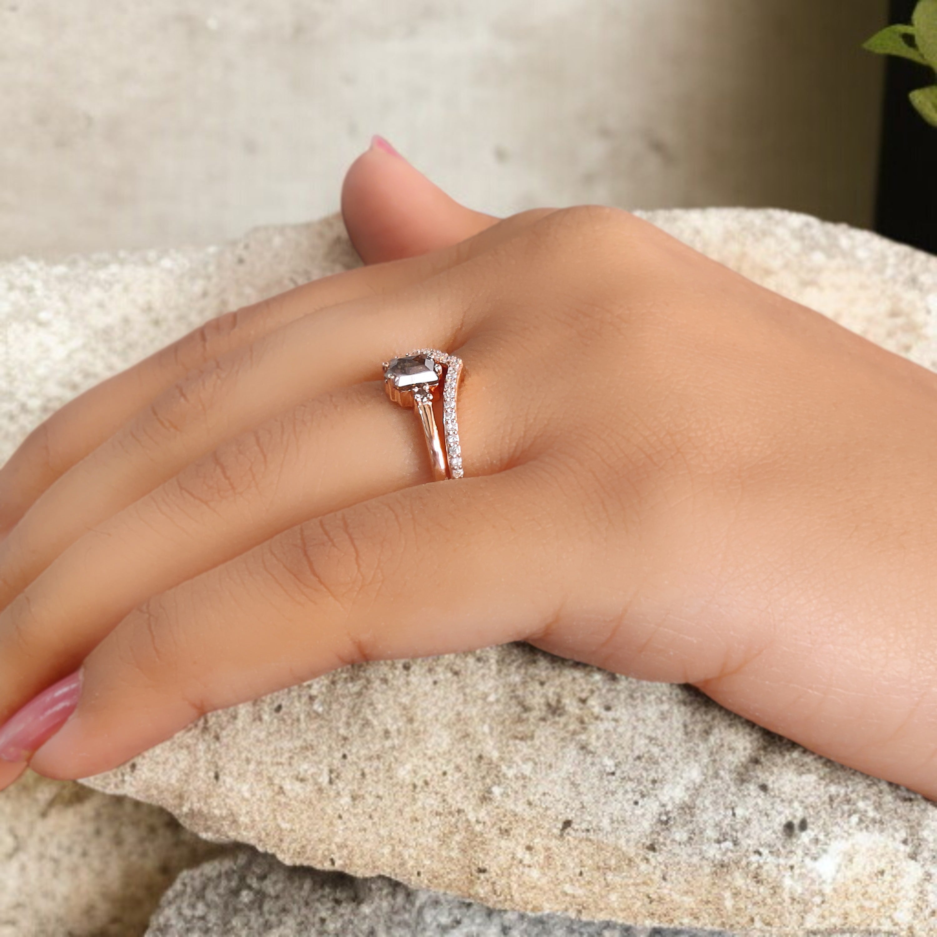 Hexagon Cut Brown Color Diamond Ring 0.68 Ct 5.76 MM Hexagon Diamond Ring 14K Solid Rose Gold Silver Engagement Ring Gift For Her QN2199