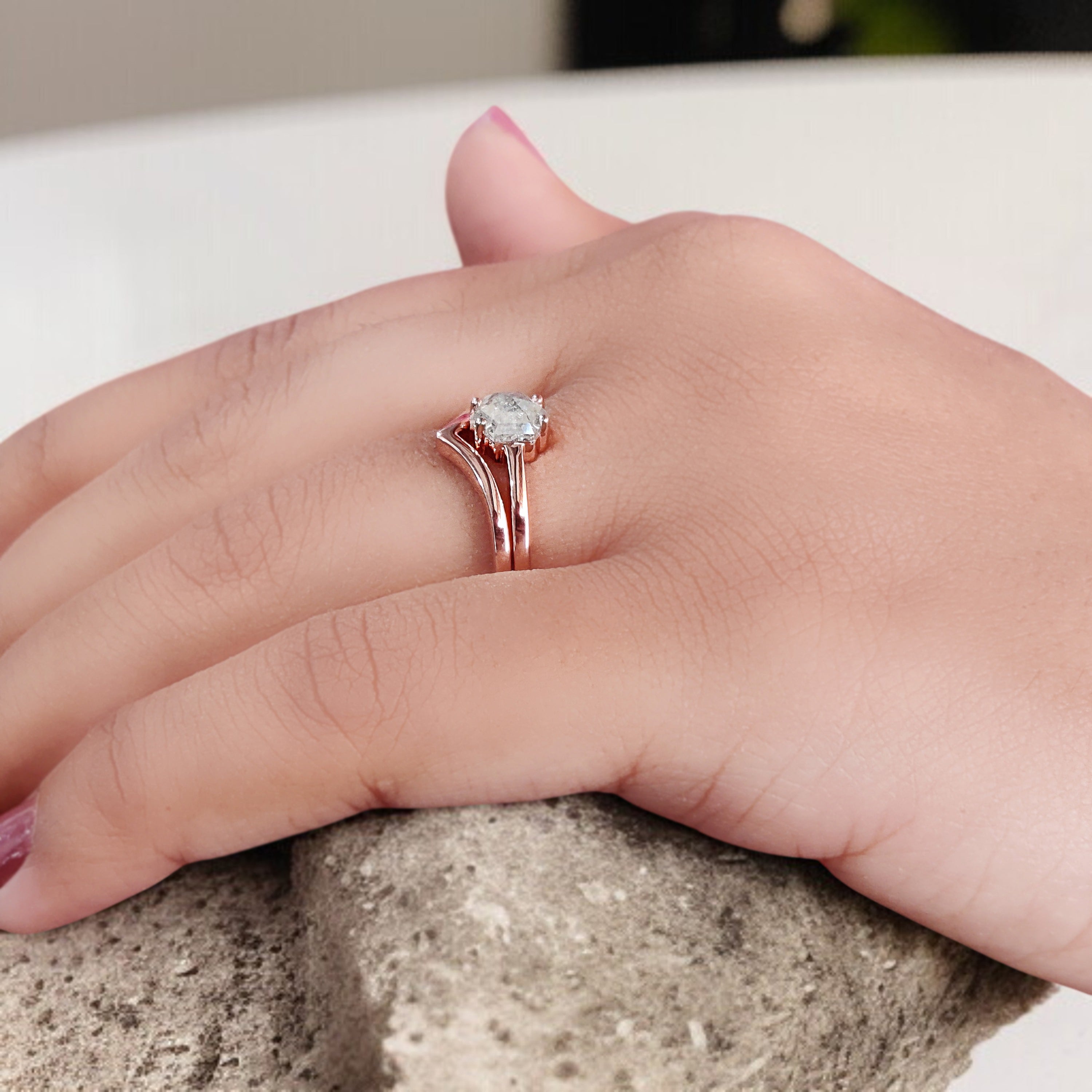 Hexagon Cut Salt And Pepper Diamond Ring 0.78 Ct 6.15 MM Hexagon Diamond Ring 14K Solid Rose Gold Silver Engagement Ring Gift For Her QN2183