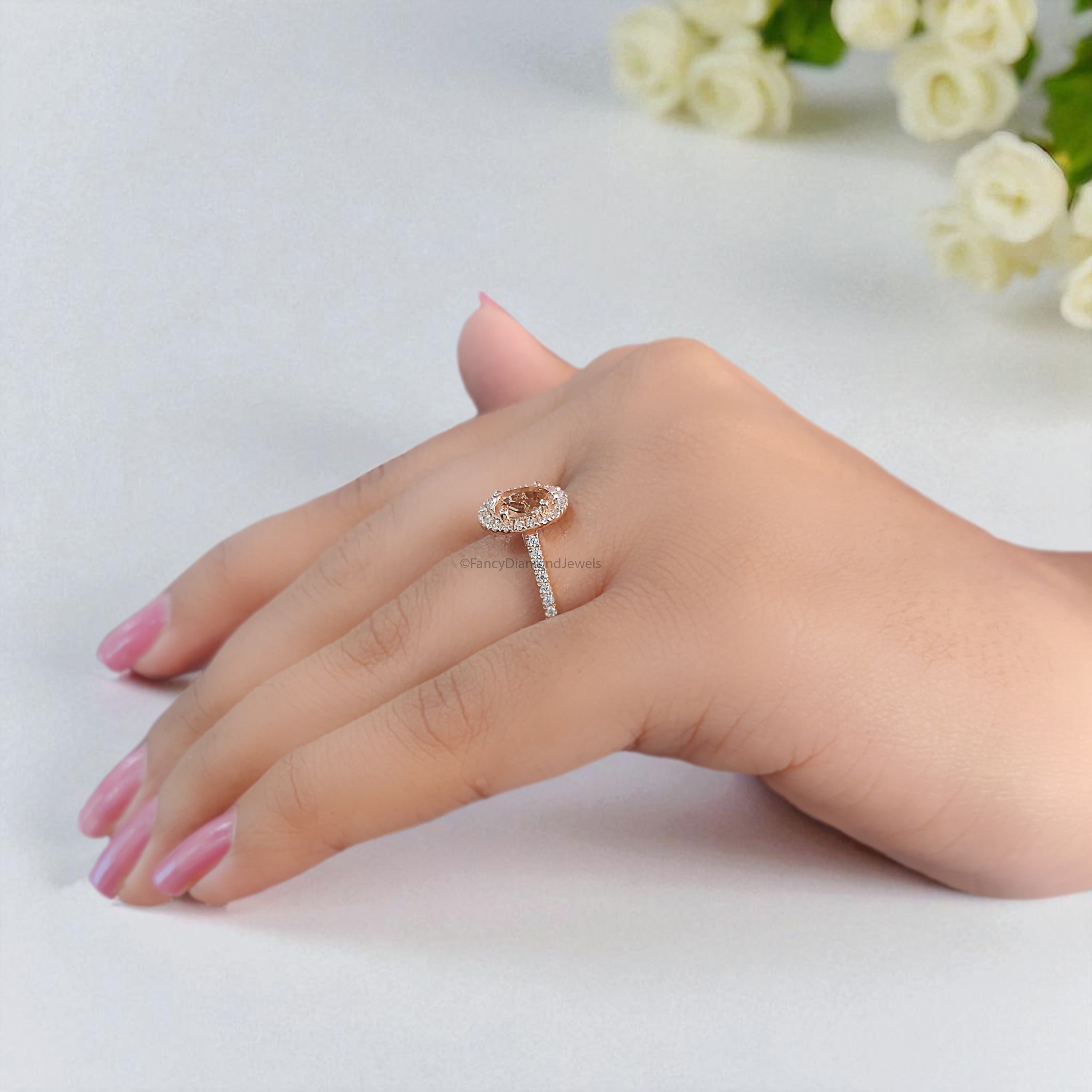 0.70 CT Oval Cut Natural Morganite Engagement Ring Rose Gold Ring Oval Shape Wedding Ring Unique Vintage Halo Ring Gift For Her FD434