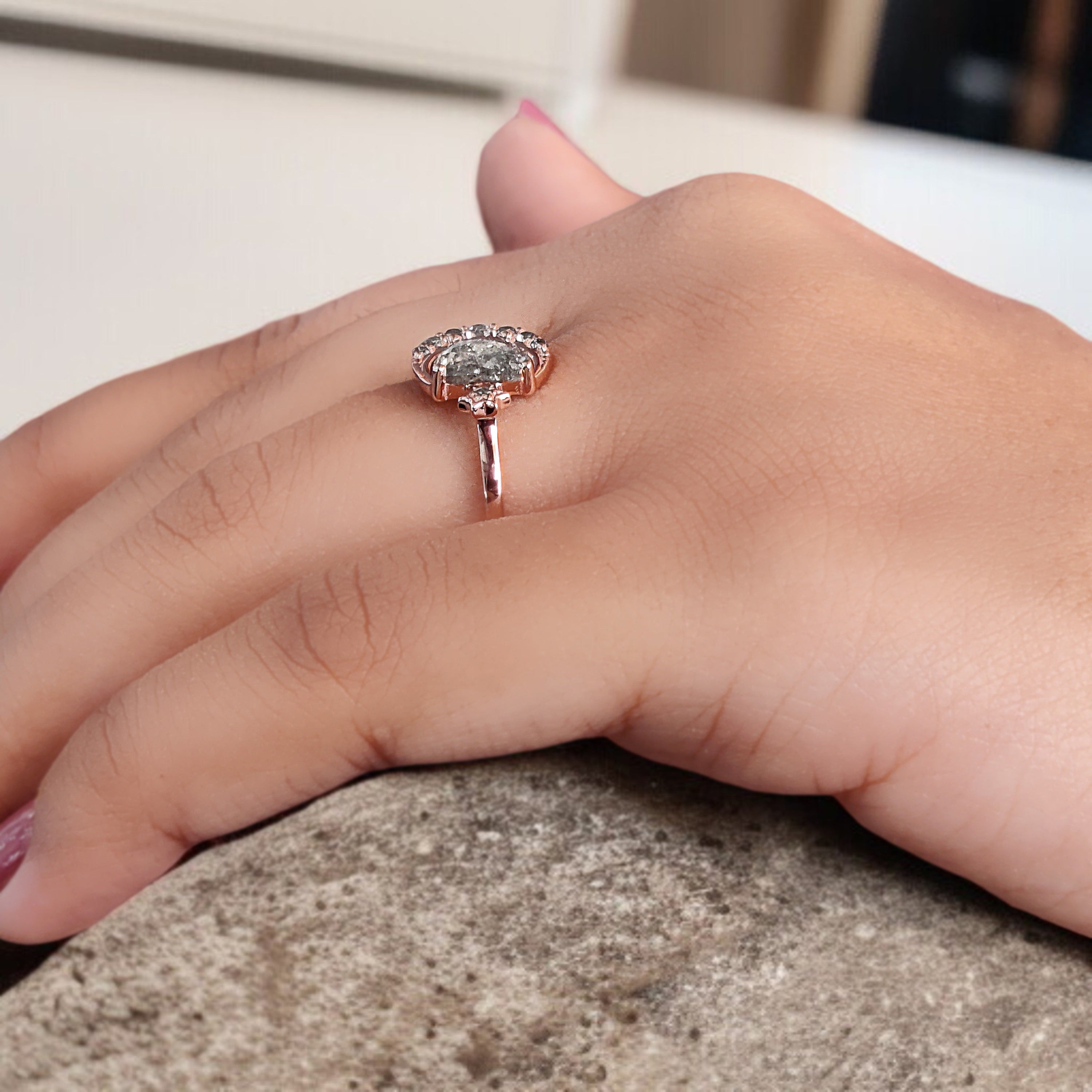 Half Moon Salt And Pepper Diamond Ring 0.94 Ct 7.30 MM Half Moon Diamond Ring 14K Solid Rose Gold Silver Engagement Ring Gift For Her QN725