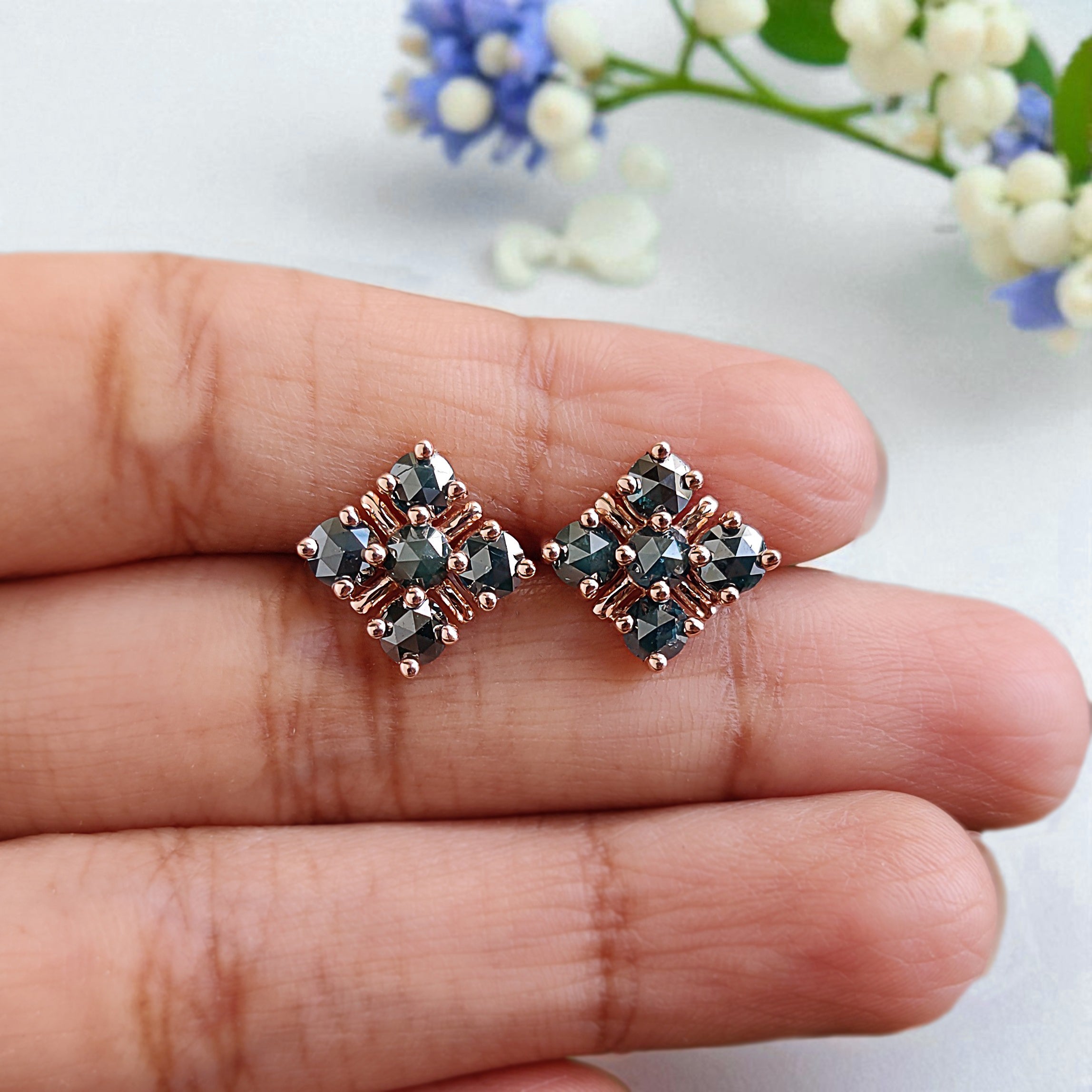 Round Rose Cut Blue Color Diamond Earring 2.03 Ct 3.90 MM Round Diamond Earring 14K Rose Gold Silver Engagement Earring Gift For Her QL2414