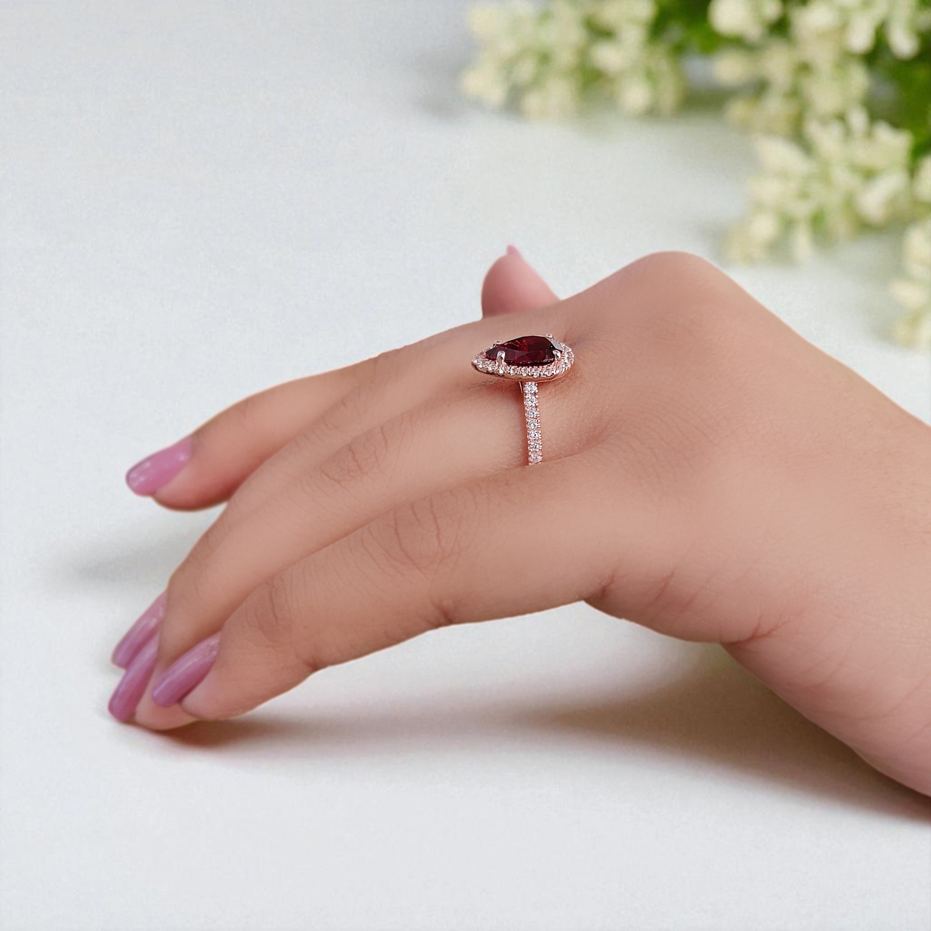 1.60 CT Pear Cut Red Garnet Engagement Ring Rose Gold Ring Pear Shape Diamond Wedding Ring Unique Art Deco Vintage Ring Gift For Her FD424