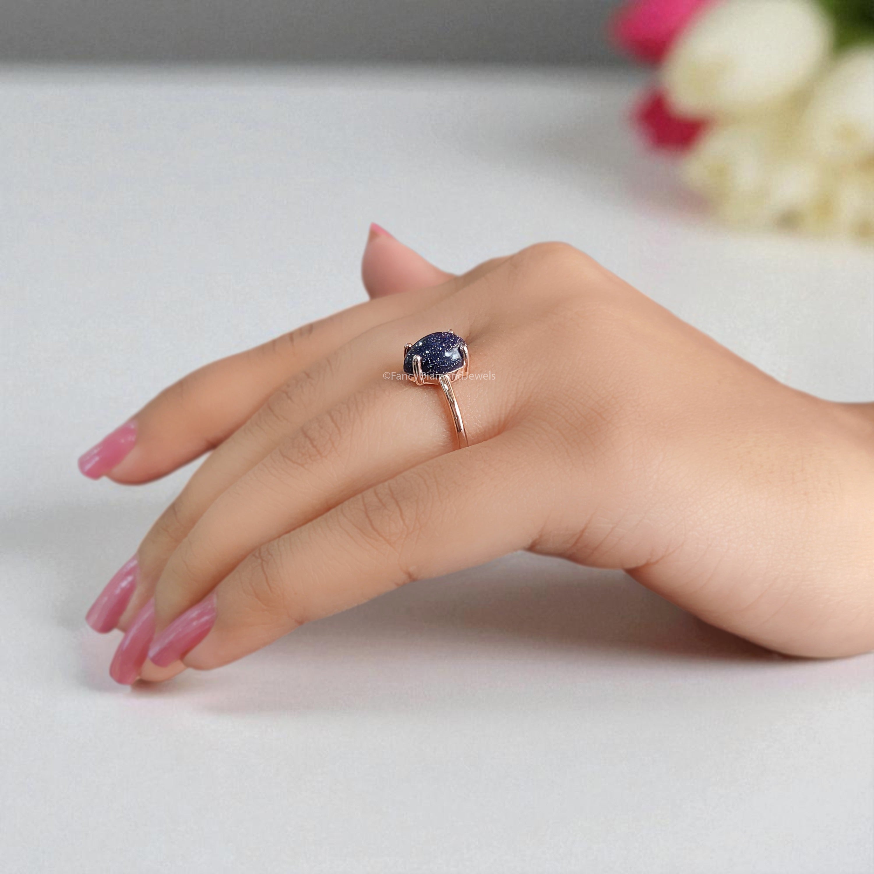 2.00 CT Unique Pear Cut Blue Sand Stone Cabochon Engagement Ring Rose Gold Ring Beautiful Blue Pear Sun Star Wedding Ring FD437