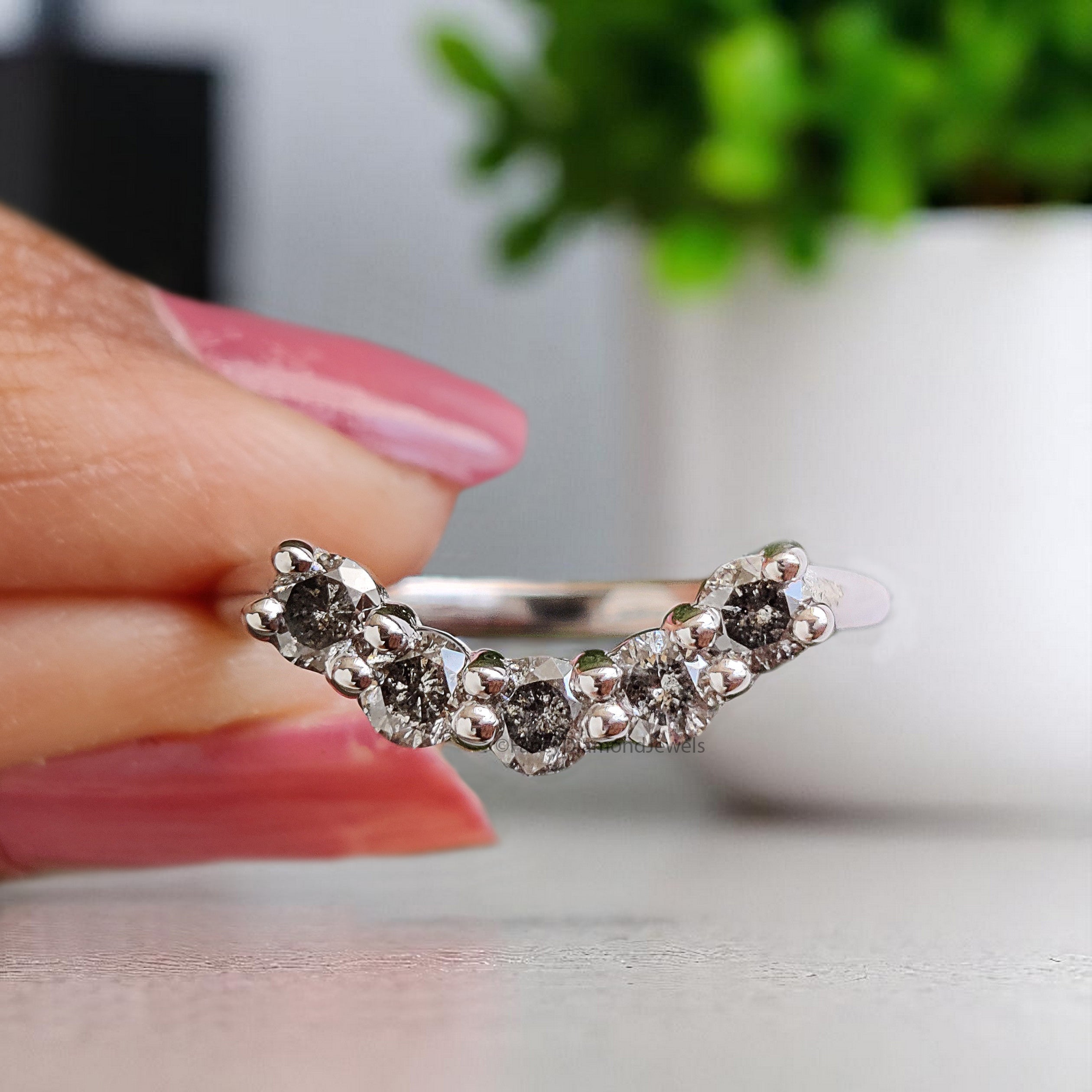 0.53 Ct Salt And Pepper Round Diamond Wedding Band Silver/10K/14K/18K Band Half Eternity Minimalist stacking dainty matching Ring KD929