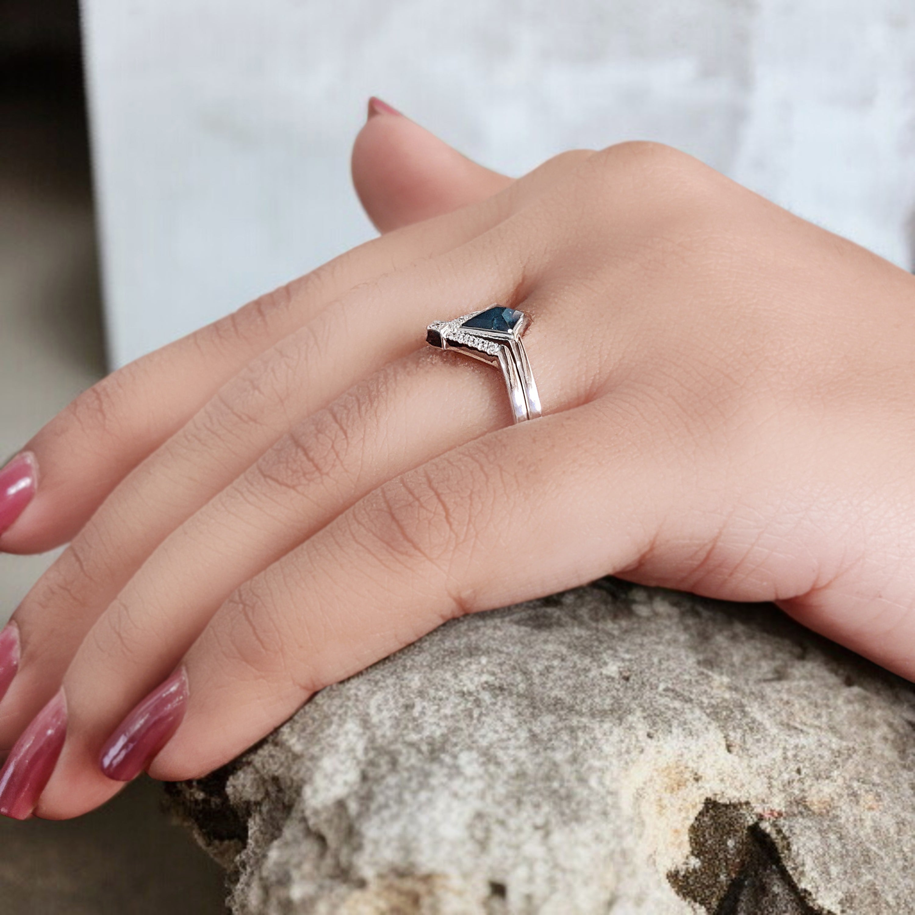 Kite Cut Blue Color Diamond Ring Set 0.44 Ct 6.42 MM Kite Diamond Ring 14K Solid White Gold Silver Engagement Kite Ring Gift For Her KD1111