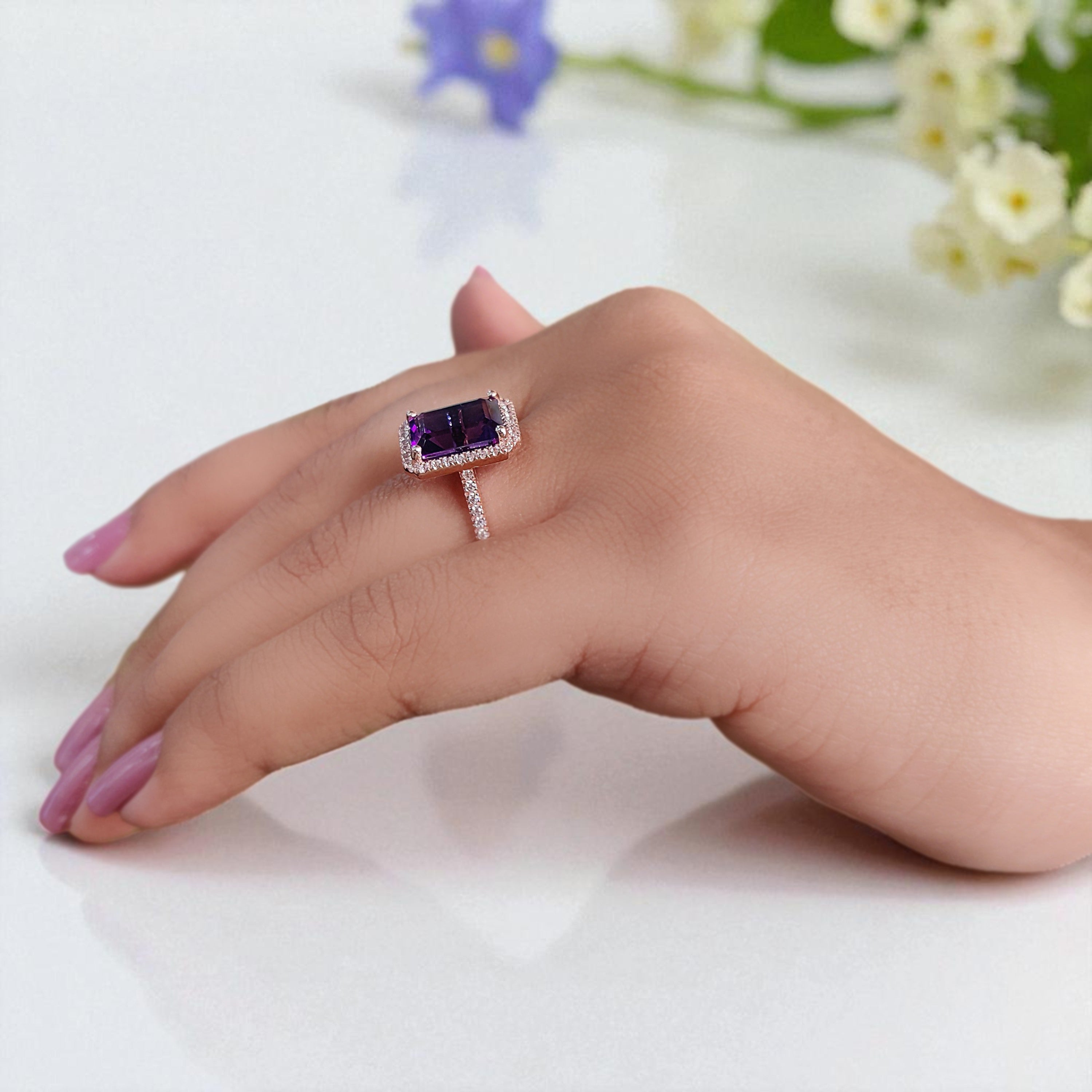 3.40 CT Emerald Cut Purple Amethyst Engagement Ring Rose Gold Ring Emerald Shape Diamond Wedding Ring Unique Vintage Ring Gift For Her FD423