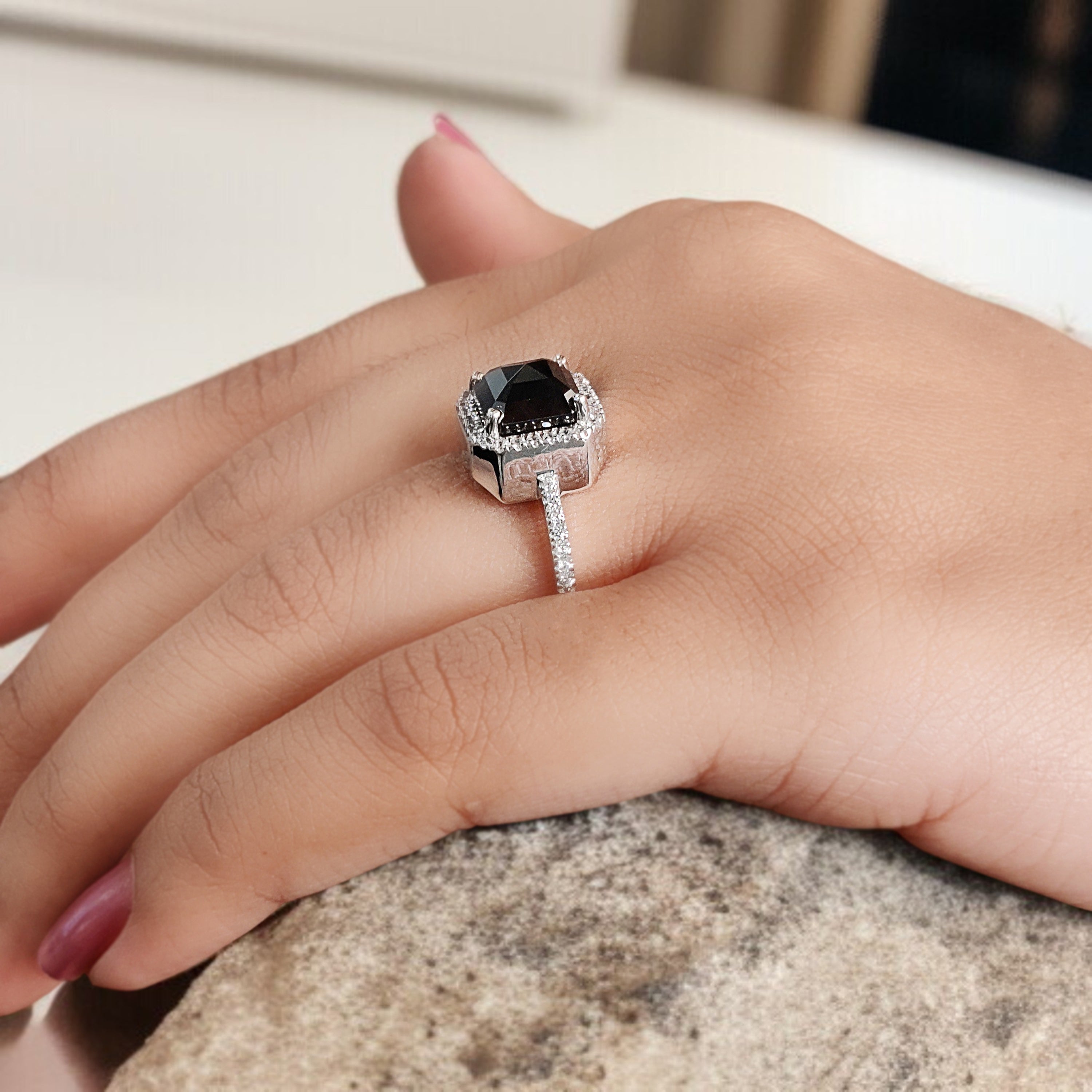 Emerald Cut Salt And Pepper Diamond Ring 3.05 Ct 7.90 MM Emerald Diamond Ring 14K Solid White Gold Silver Engagement Ring Gift For Her QL9503
