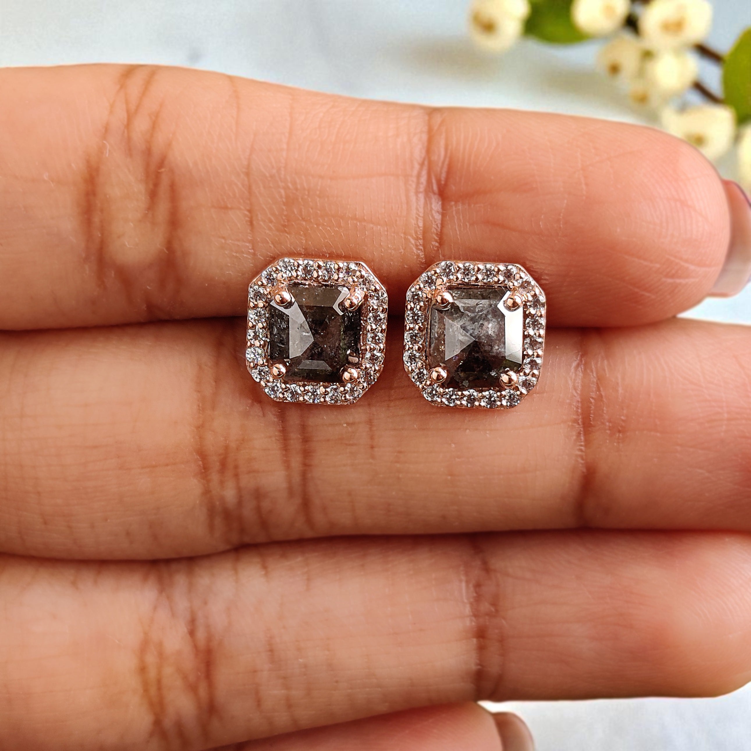 Emerald Shape Salt And Pepper Diamond Earring Emerald Earring Halo Set Earring Engagement Earring Earlobe Earrings Gift For Her KD860