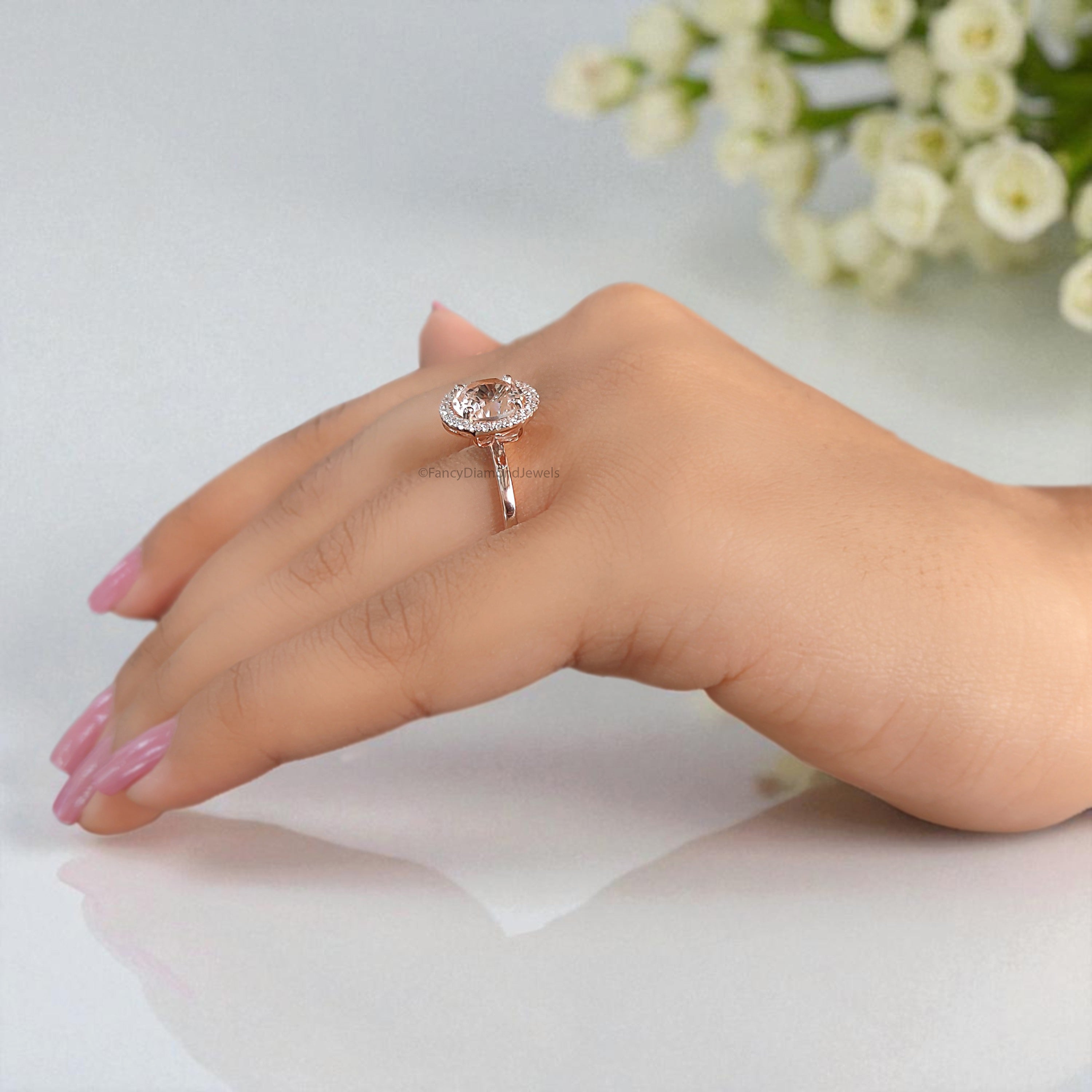 1.88 CT Round Cut Natural Morganite Engagement Ring Rose Gold Ring Round Shape Wedding Ring Unique Vintage Halo Ring Gift For Her FD426
