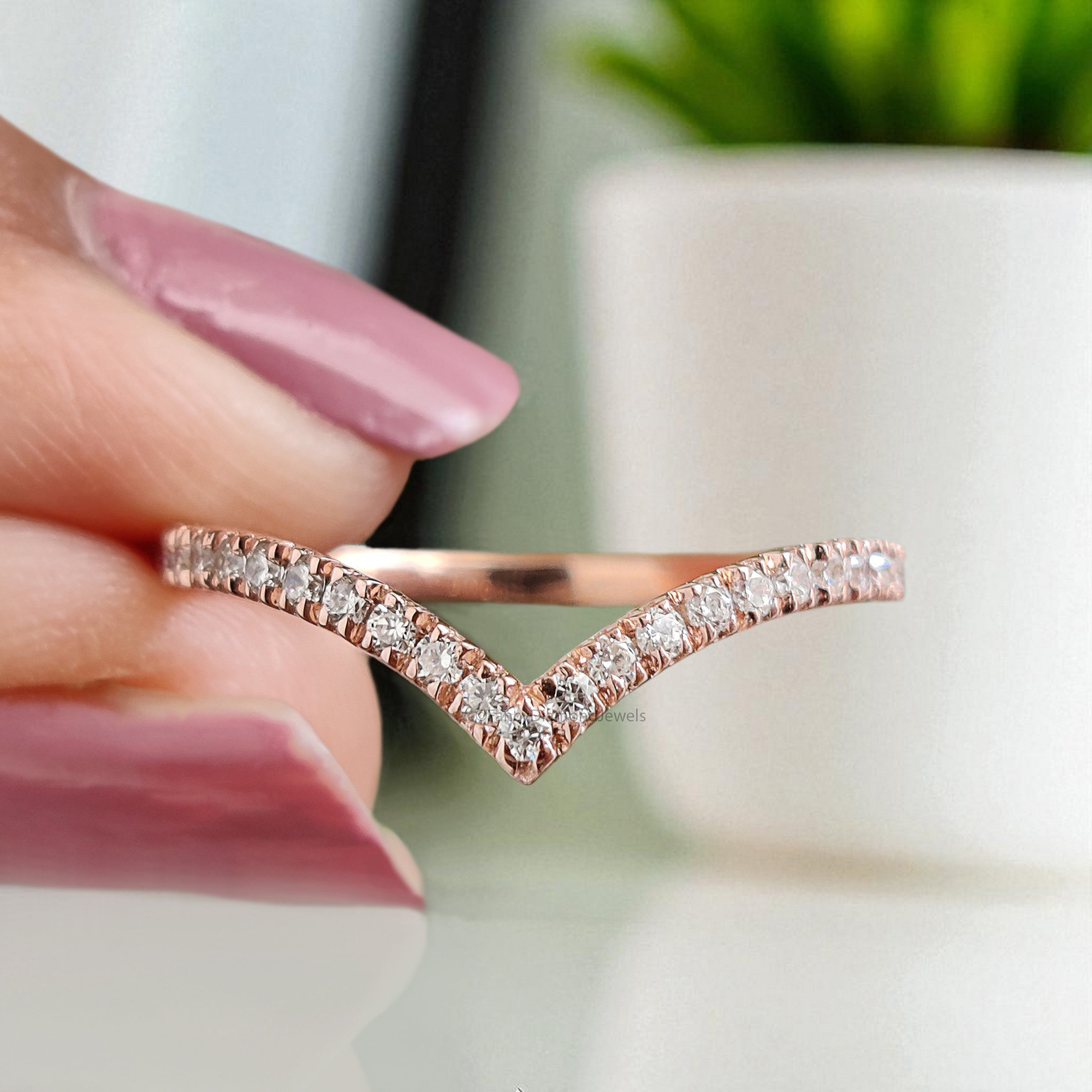 V Shaped Wedding Band 0.20 TW Round Diamond Band Rose Gold Silver/10K/14K/18K Gold Engagement Band Half Eternity Anniversary Ring KD261