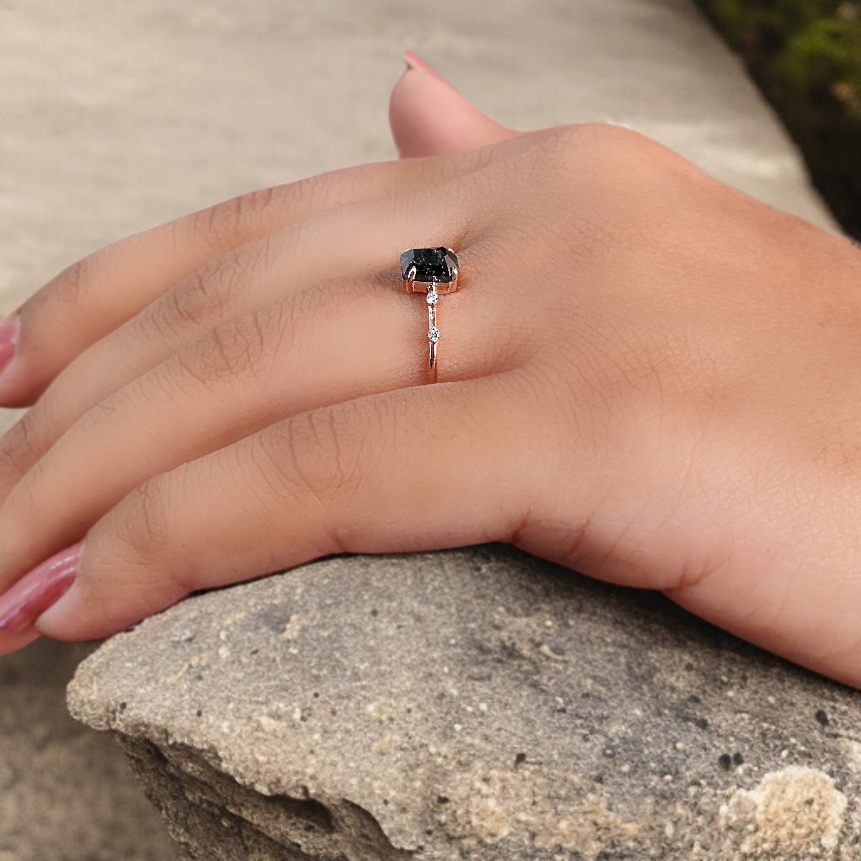 Coffin Cut Salt And Pepper Diamond Ring 0.87 Ct 6.00 MM Coffin Diamond Ring 14K Solid Rose Gold Silver Engagement Ring Gift For Her QN8841