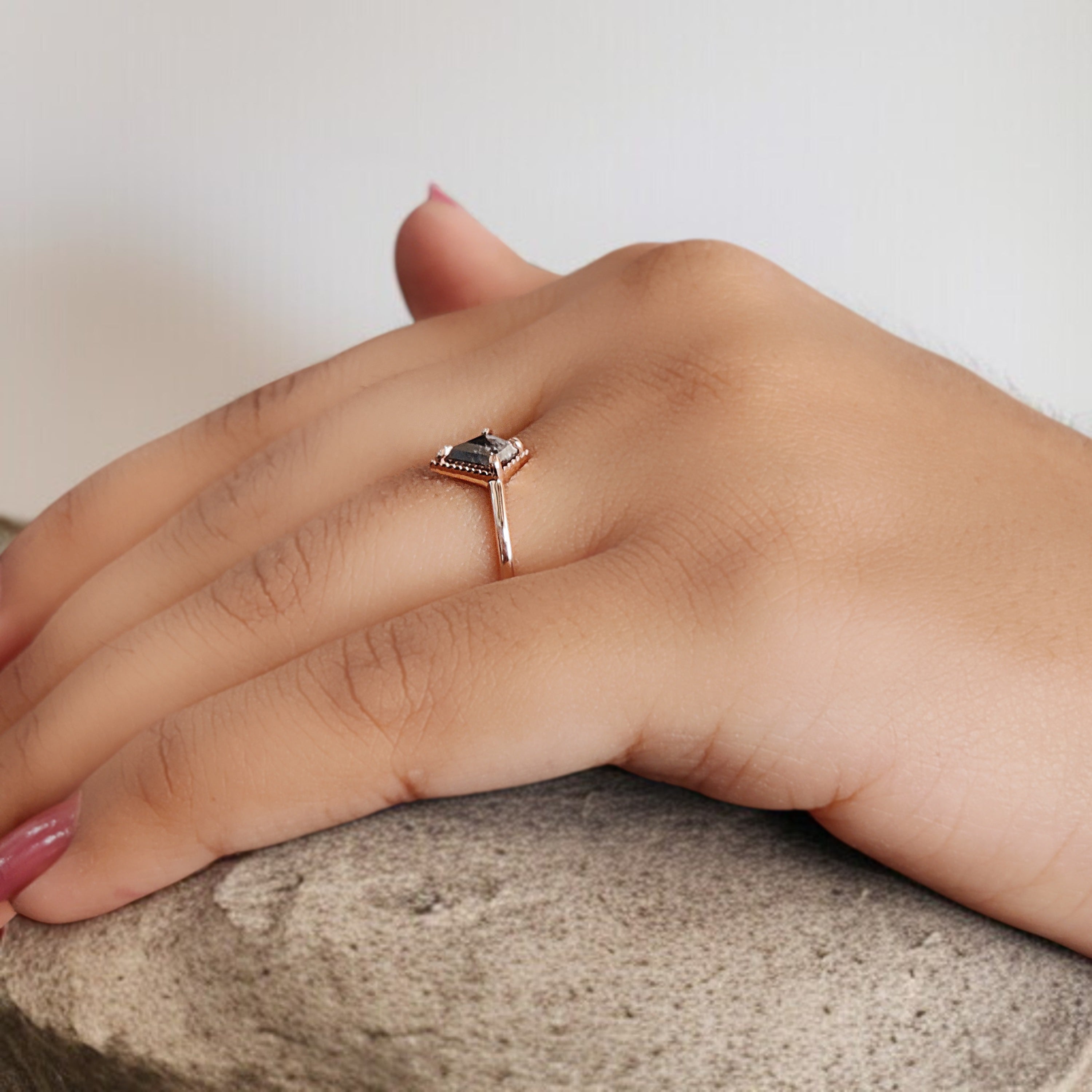 Kite Shape Salt And Pepper Diamond Ring 0.50 Ct 7.02 MM Kite Cut Diamond Ring 14K Solid Rose Gold Silver Engagement Ring Gift For Her QN2267