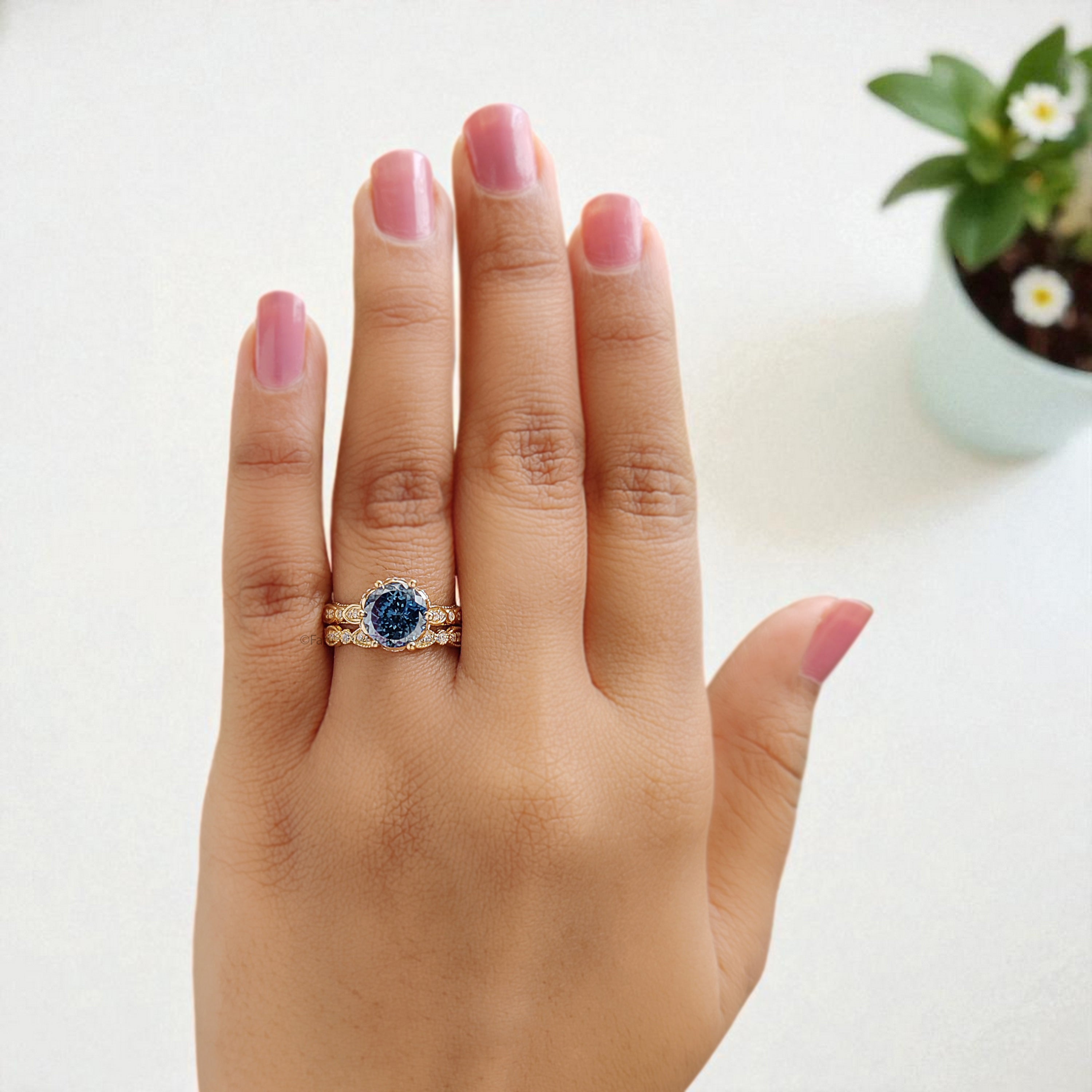 Antique Round Portuguese Cut Royal Blue Moissanite Engagement Ring 6 Prong Hidden Halo Ring With Full Eternity Scalloped Wedding Band FD407