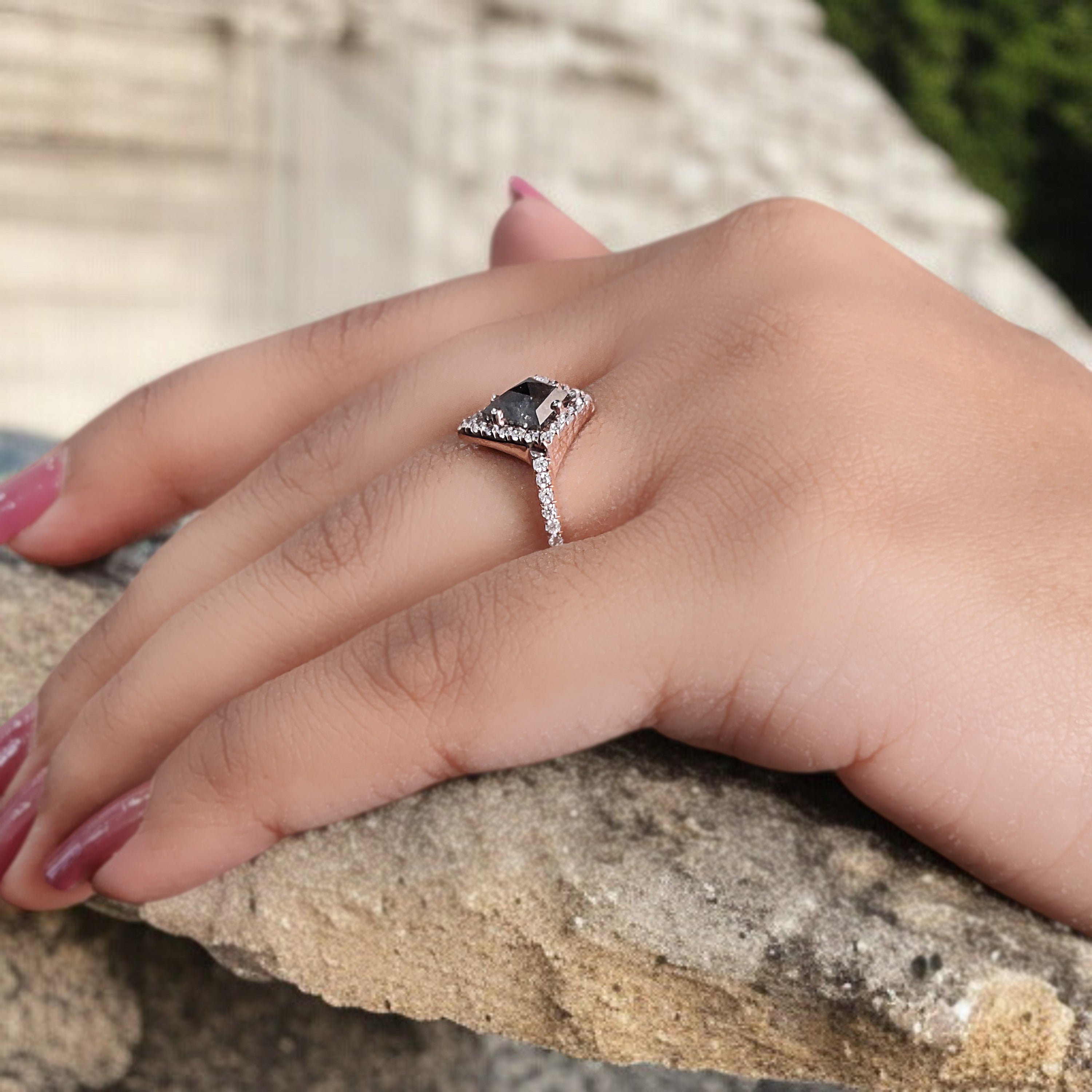 Kite Shape Salt And Pepper Diamond Ring 0.94 Ct 7.60 MM Kite Cut Diamond Ring 14K Solid Rose Gold Silver Engagement Ring Gift For Her QL2038