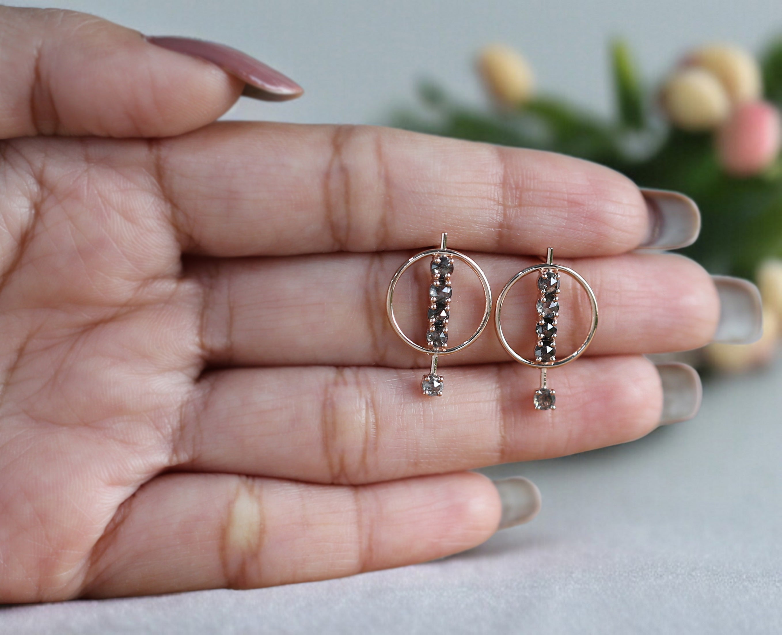 Round Rose Cut Salt And Pepper Diamond Earring 1.15 Ct 2.85 MM Round Diamond Earring 14K Solid Rose Gold Silver Earring Gift For Her KDN2305