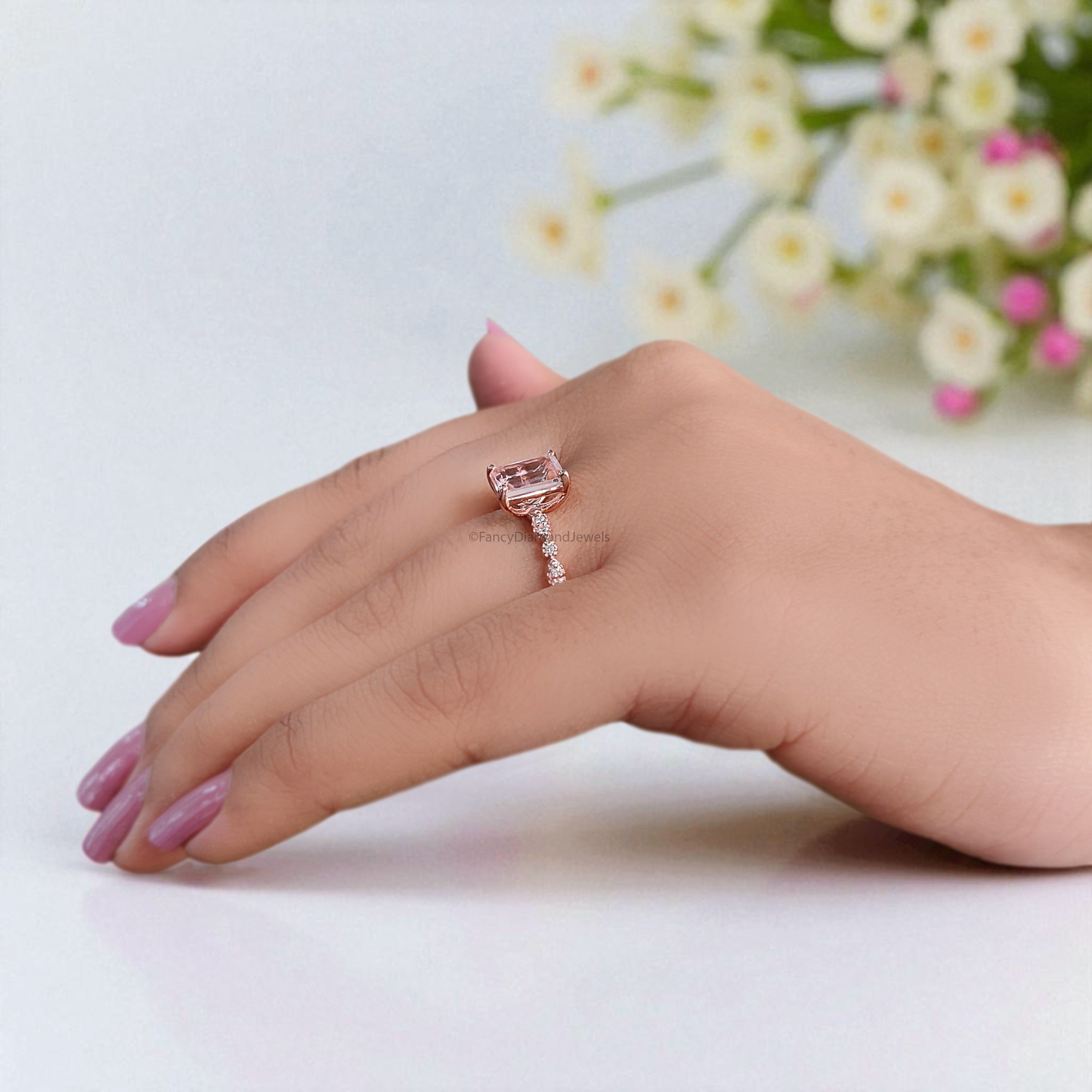 1.58 CT Emerald Cut Natural Morganite Engagement Ring Rose Gold Ring Emerald Diamond Wedding Ring Unique Vintage Ring Gift For Her FD428