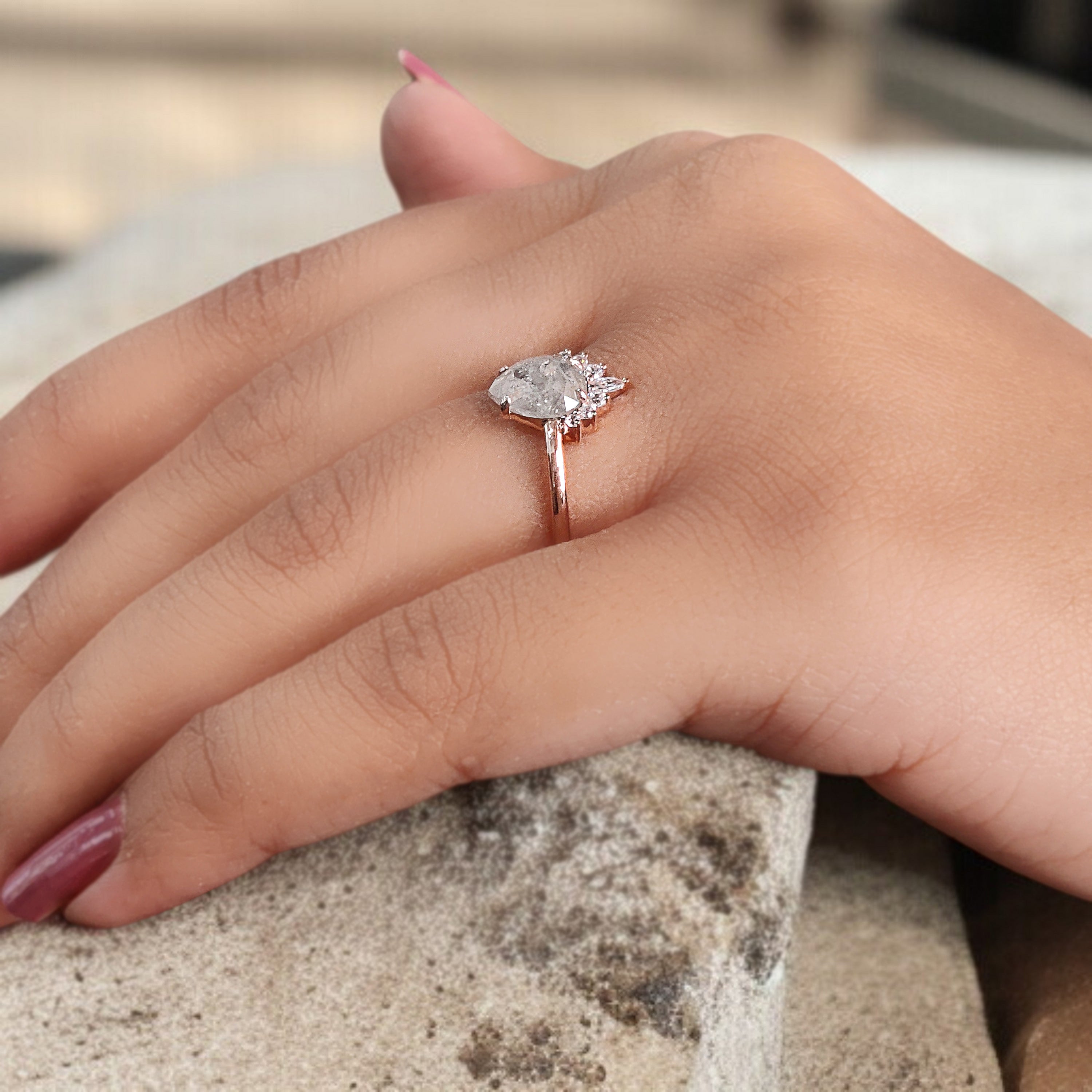 Pear Cut Grey Color Diamond Ring 1.06 Ct 7.80 MM Pear Shape Diamond Ring 14K Solid Rose Gold Silver Pear Engagement Ring Gift For Her QN8862