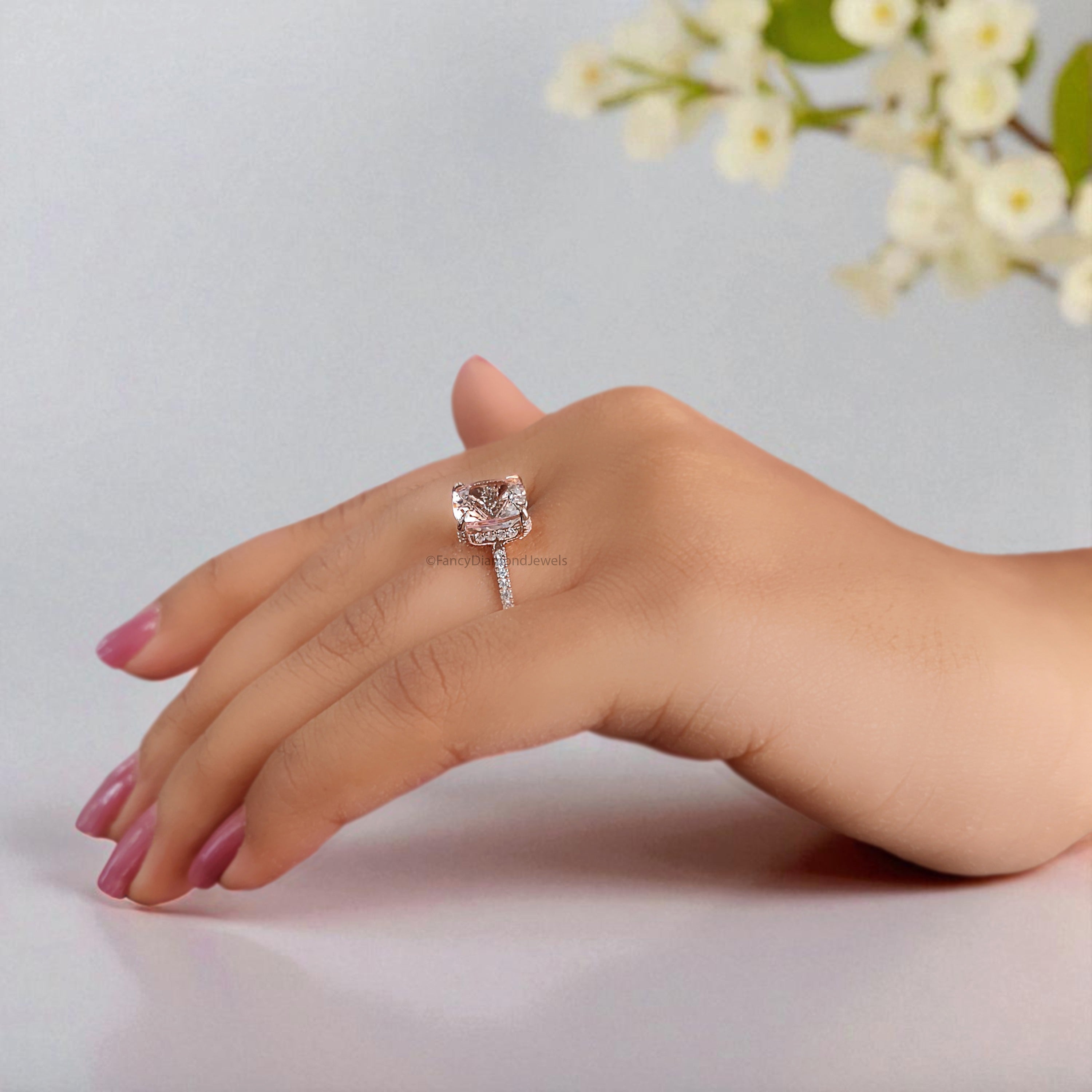 2.85 CT Cushion Cut Natural Morganite Engagement Ring Rose Gold Ring Cushion Wedding Ring Unique Hidden Halo Ring Gift For Her FD446