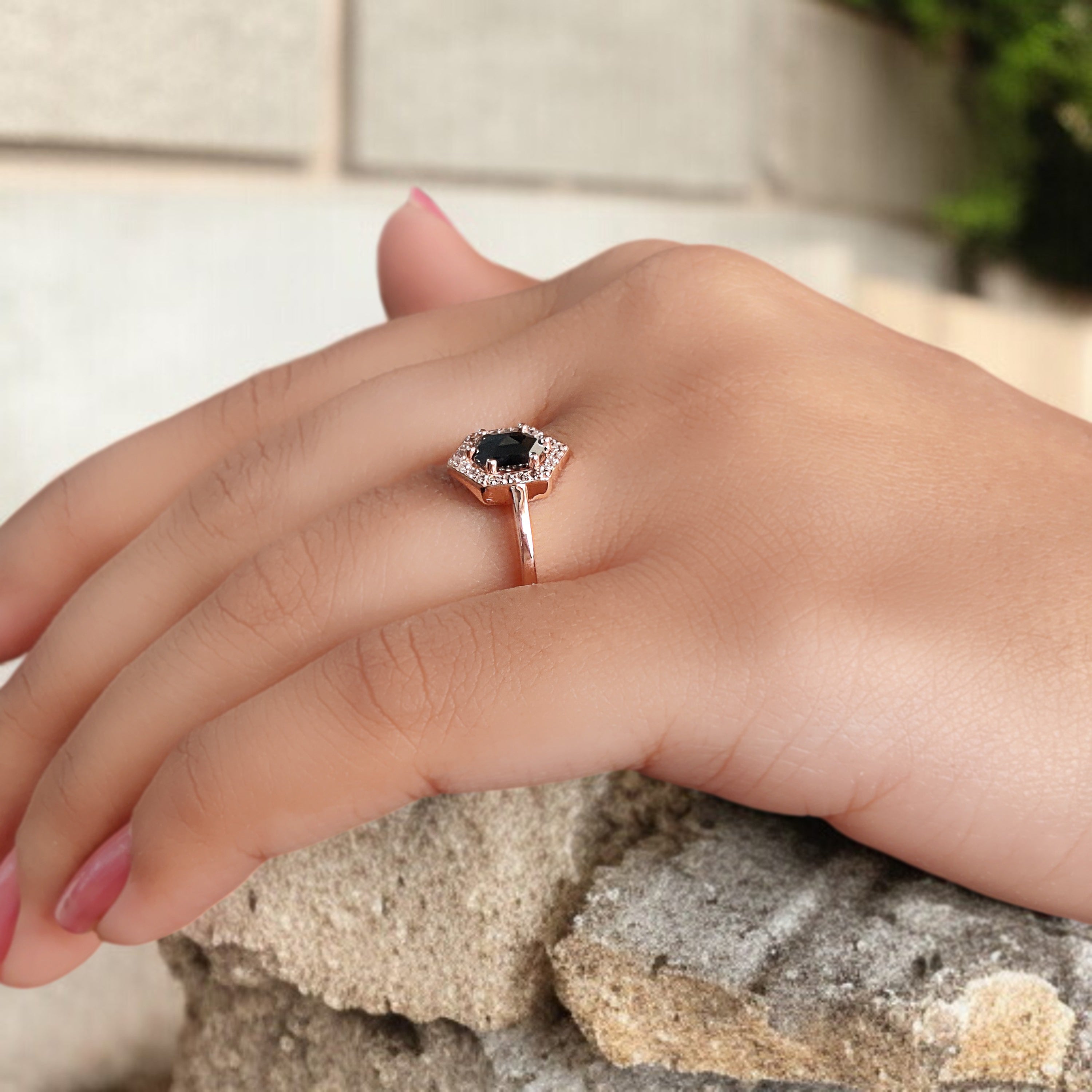 Hexagon Cut Black Color Diamond Ring 0.56 Ct 6.84 MM Hexagon Diamond Ring 14K Rose Gold Silver Hexagon Engagement Ring Gift For Her QN2233