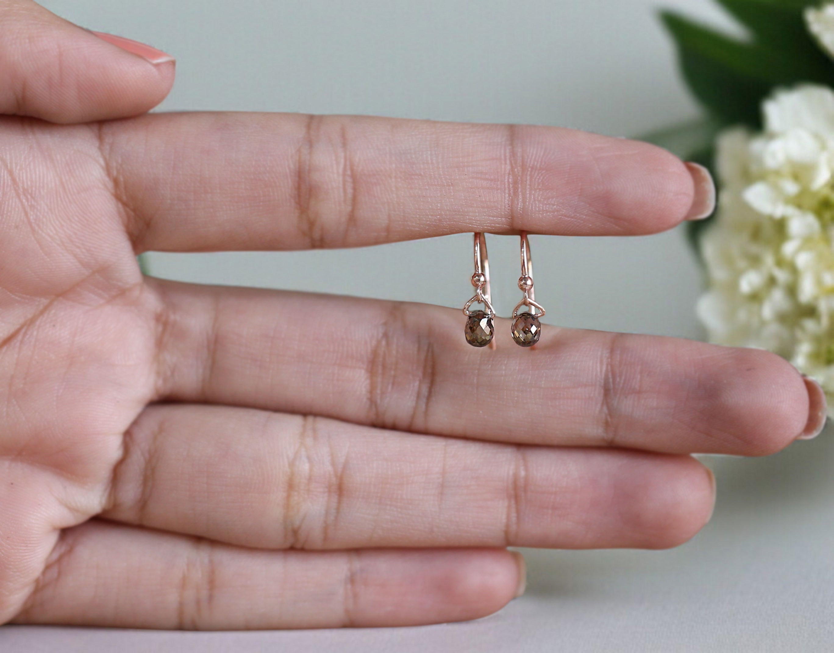 Drop Cut Brown Color Diamond Earring 1.14 Ct 4.80 MM Drop Shape Diamond Earring 14K Rose Gold Silver Drop Earring Gift For Her QL144