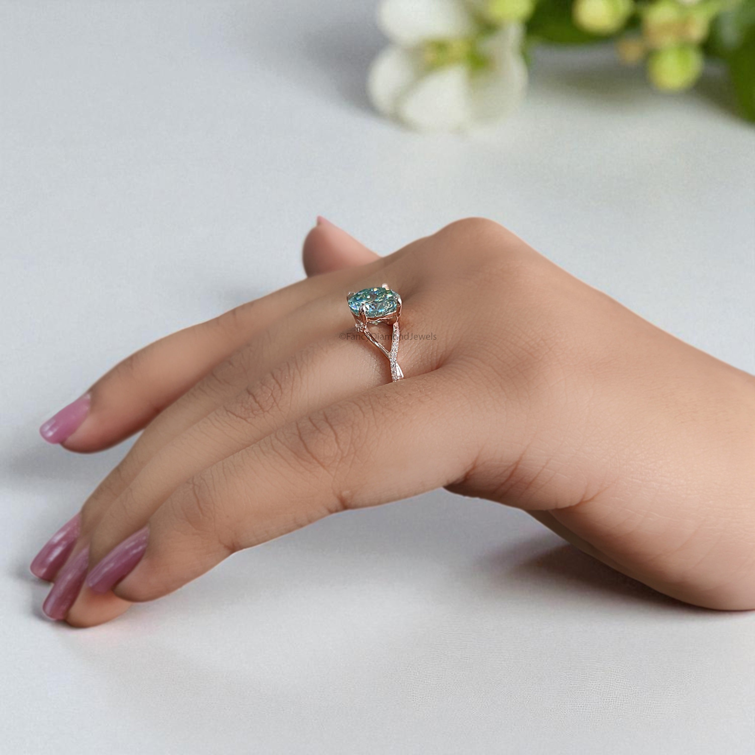 Round Portuguese Cut Aqua Blue Green Moissanite Engagement Ring Rose Gold Ring Vintage Ring Crossover Band Wedding Ring Gift For Her FD419