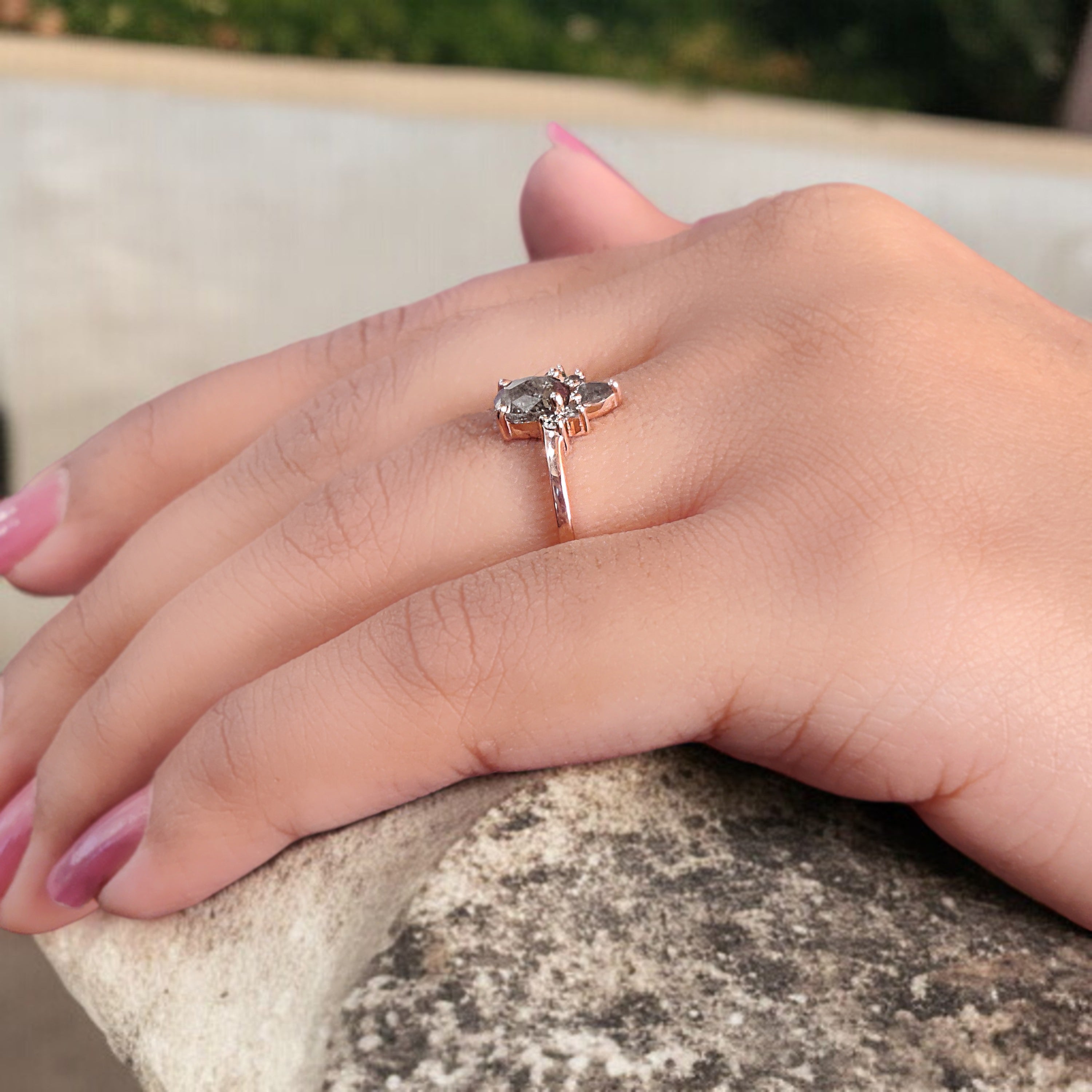 Oval Cut Salt And Pepper Diamond Ring 0.79 Ct 6.05 MM Oval Diamond Ring 14K Solid Rose Gold Silver Oval Engagement Ring Gift For Her KD1105