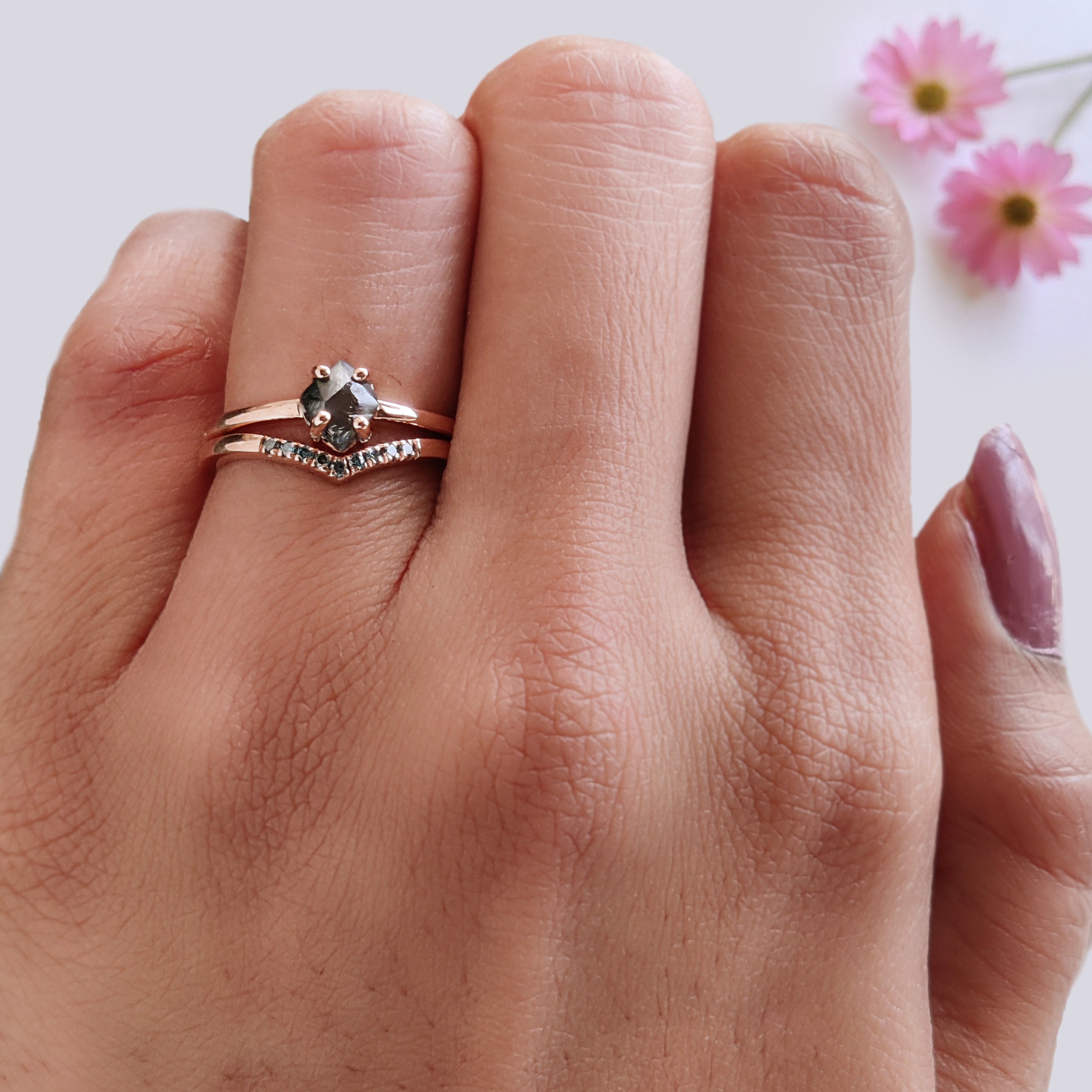 1.05 Ct Natural Rough Cut Blue Color Diamond Ring 6.30 MM Crystal Rough Diamond Ring 14K Solid Rose Gold Silver Engagement Ring QL2344