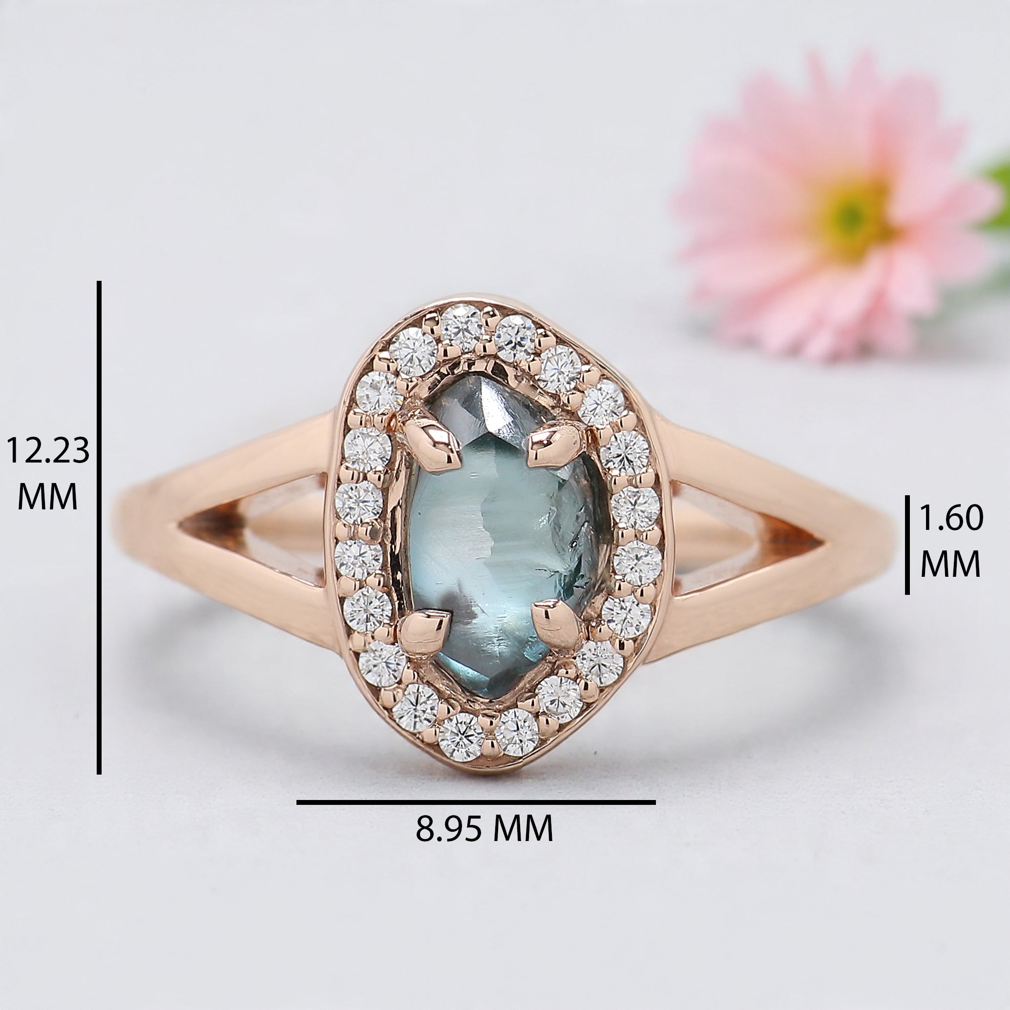 Rough Blue Color Diamond Ring 1.40 Ct 8.04 MM Crystal Rough Diamond Ring 14K Solid Rose Gold Silver Engagement Ring Gift For Her QL2295