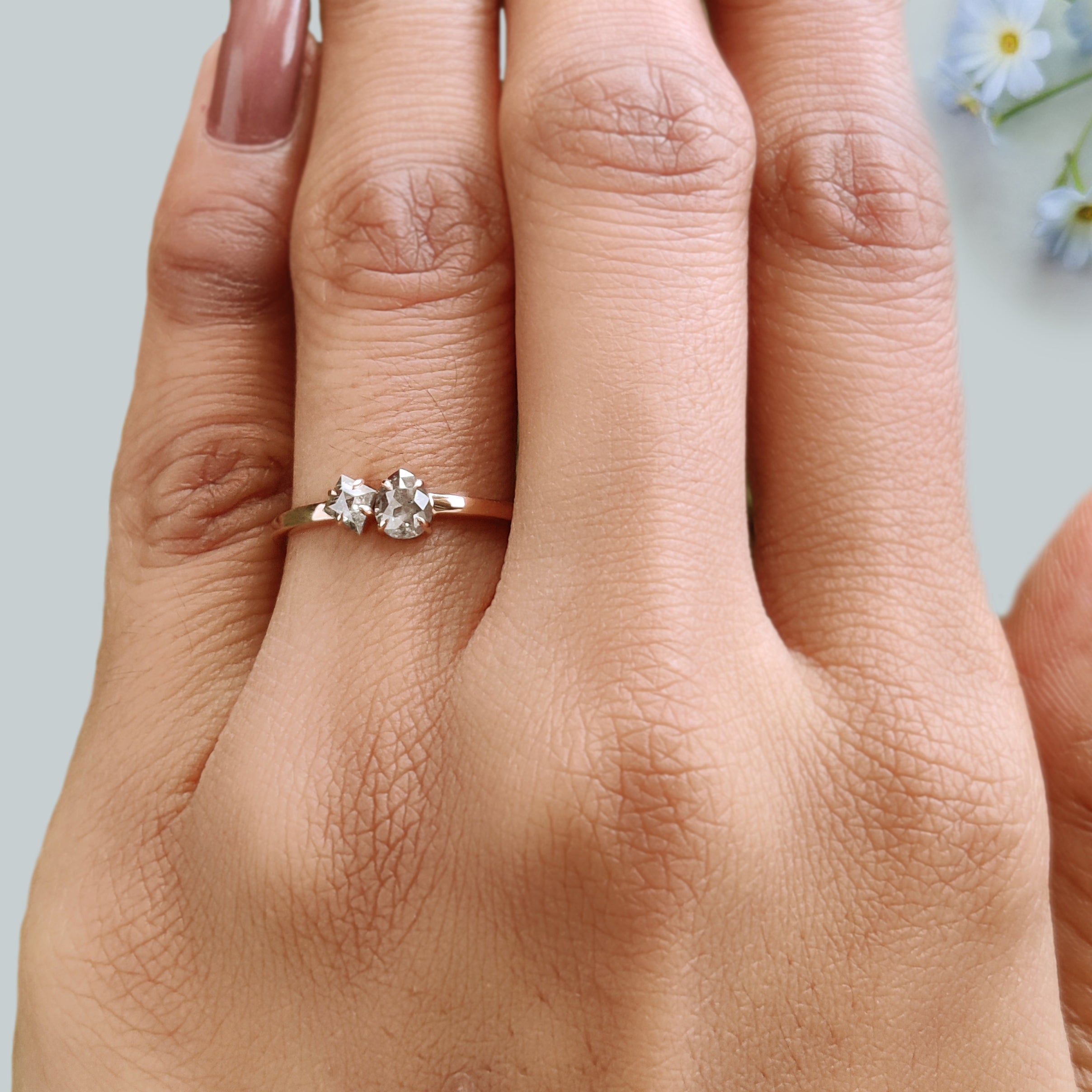 Toi Et Moi Salt And Pepper Diamond Ring 0.32 Ct 4.76 MM Mix Shape Diamond Ring 14K Rose Gold Silver Engagement Ring Gift For Her KDN2397