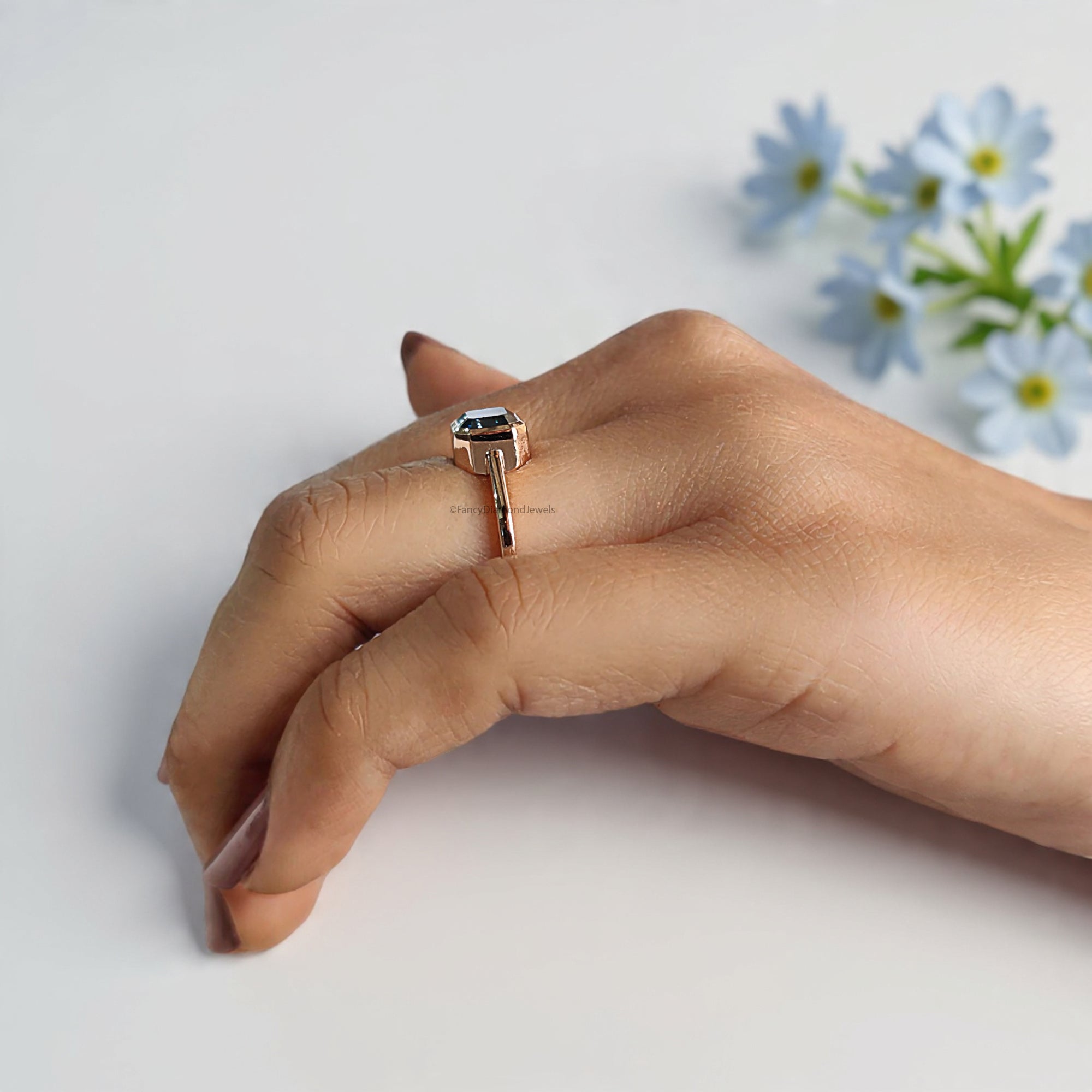 1.20 CT Radiant Moissanite Royal Blue Moissanite Ring Solitaire Engagement Ring Bezel Set Ring Rose Gold Ring Comfort Fit Ring For Her FD222