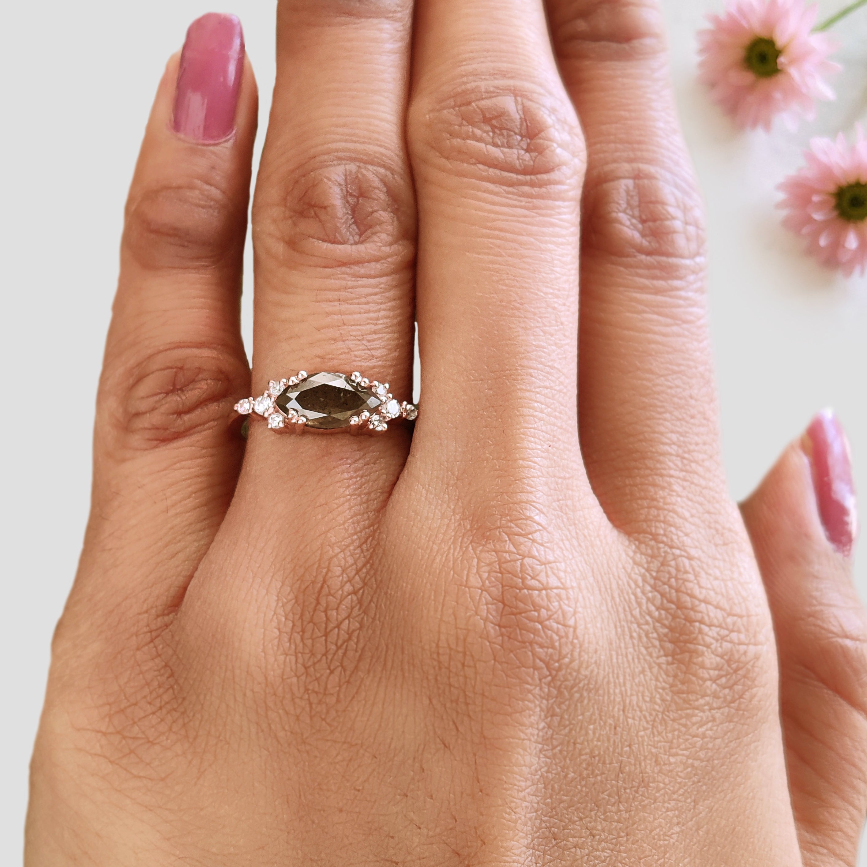 Marquise Cut Light Brown Diamond Ring 1.35 Ct 9.95 MM Marquise Shape Diamond Ring 14K Rose Gold Silver Engagement Ring Gift For Her KDL1650