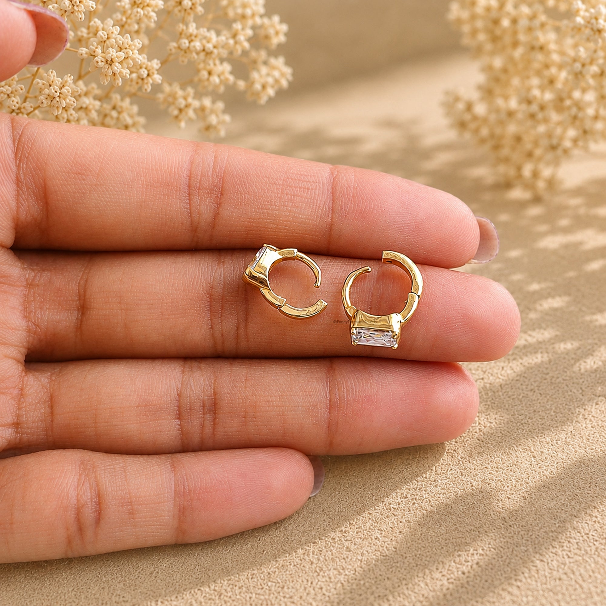 14K Gold Pear And Radiant Shape Lab Diamond Huggie Hoop Earrings Minimalist Single Earring 14k Gold Endurable earring Gift For Her FD589