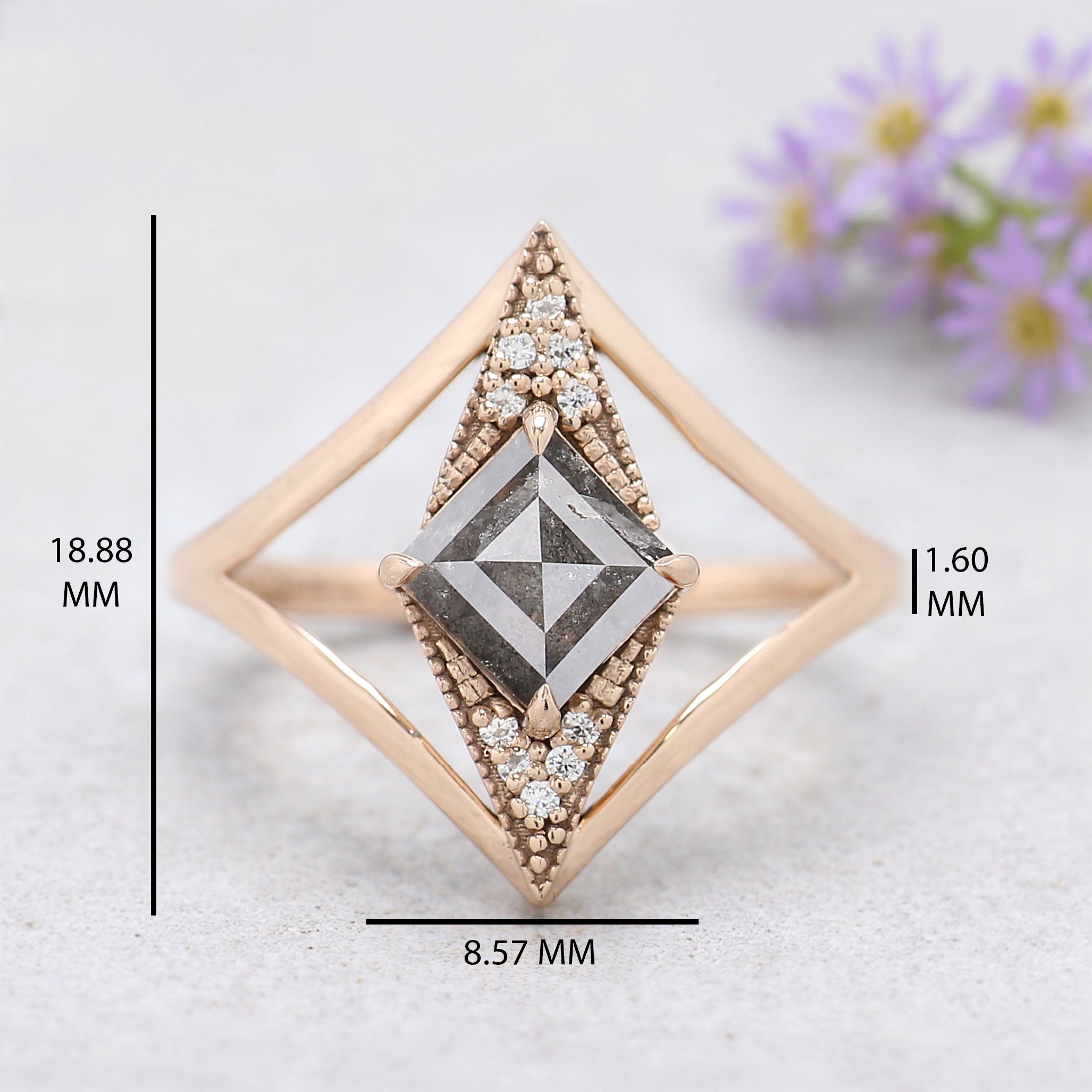 Kite Cut Salt And Pepper Diamond Ring 0.97 Ct 8.09 MM Kite Diamond Ring 14K Solid Rose Gold Silver Kite Engagement Ring Gift For Her QL2199