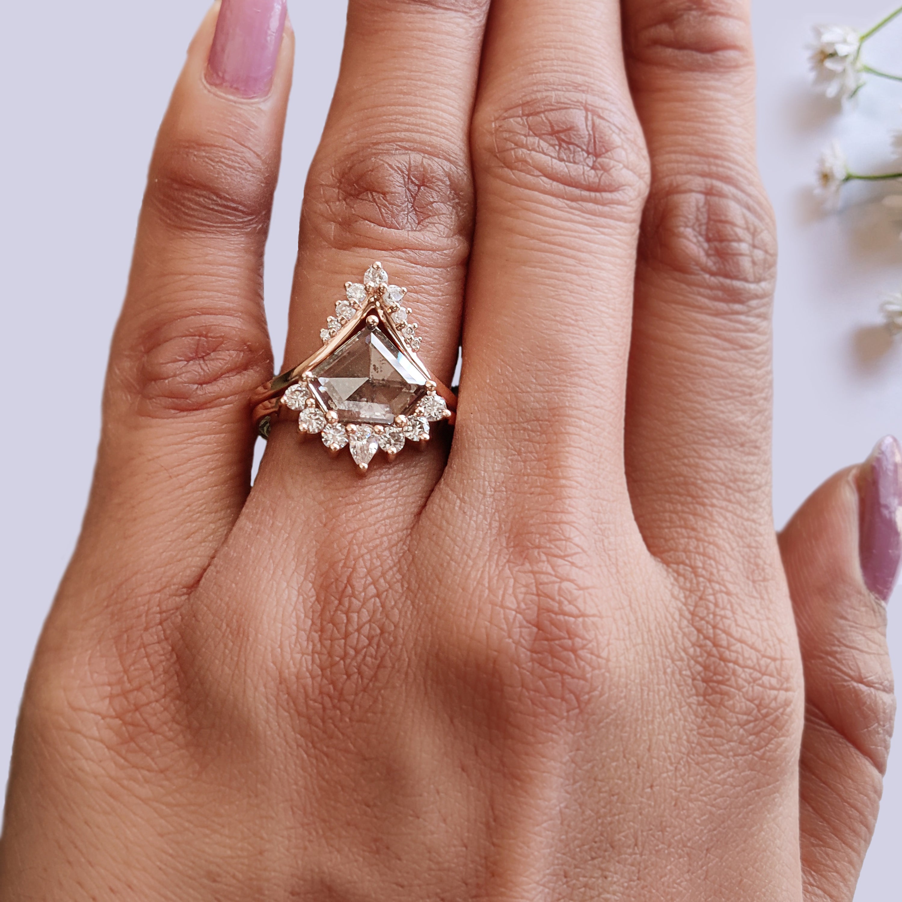 1.84 CT Shield Lab Grown Diamond Ring Shield Fancy Black Grey Salt And Pepper Diamond Ring Engagement Ring Bridal Wedding Ring Set KDL3515