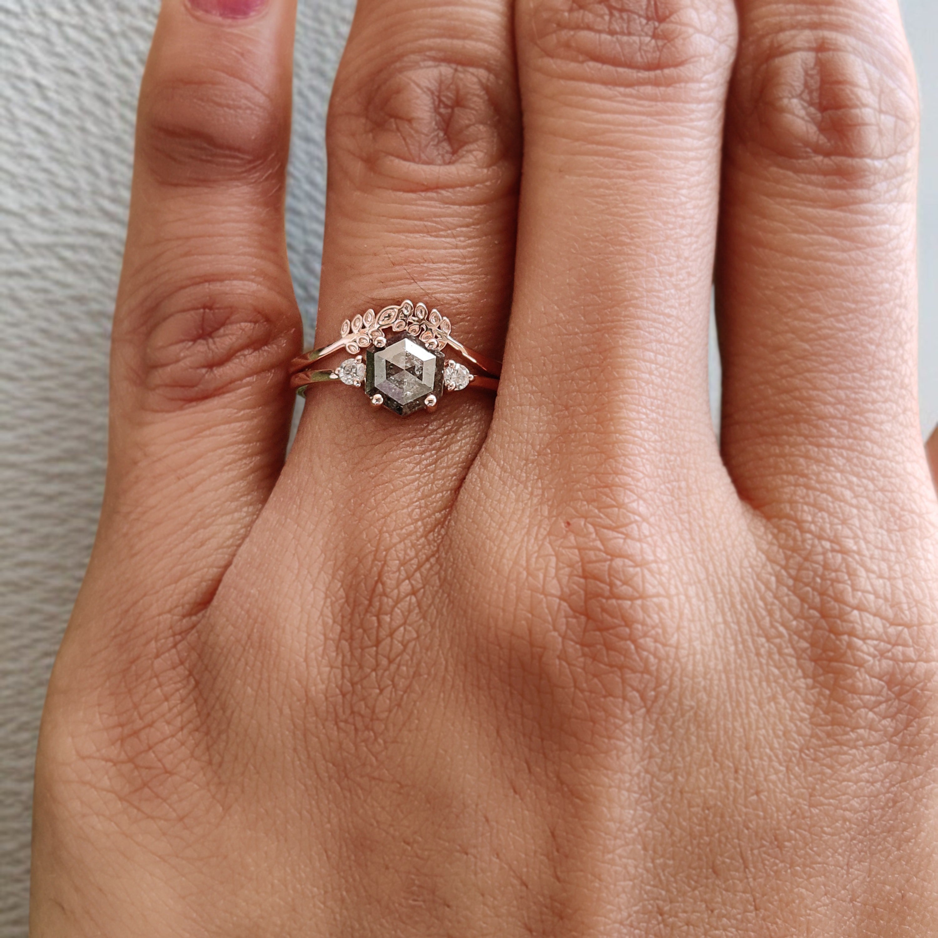 Hexagon Cut Salt And Pepper Diamond Ring 0.84 Ct 6.73 MM Hexagon Cut Diamond Ring 14K Rose Gold Silver Engagement Ring Gift For Her KDL2967