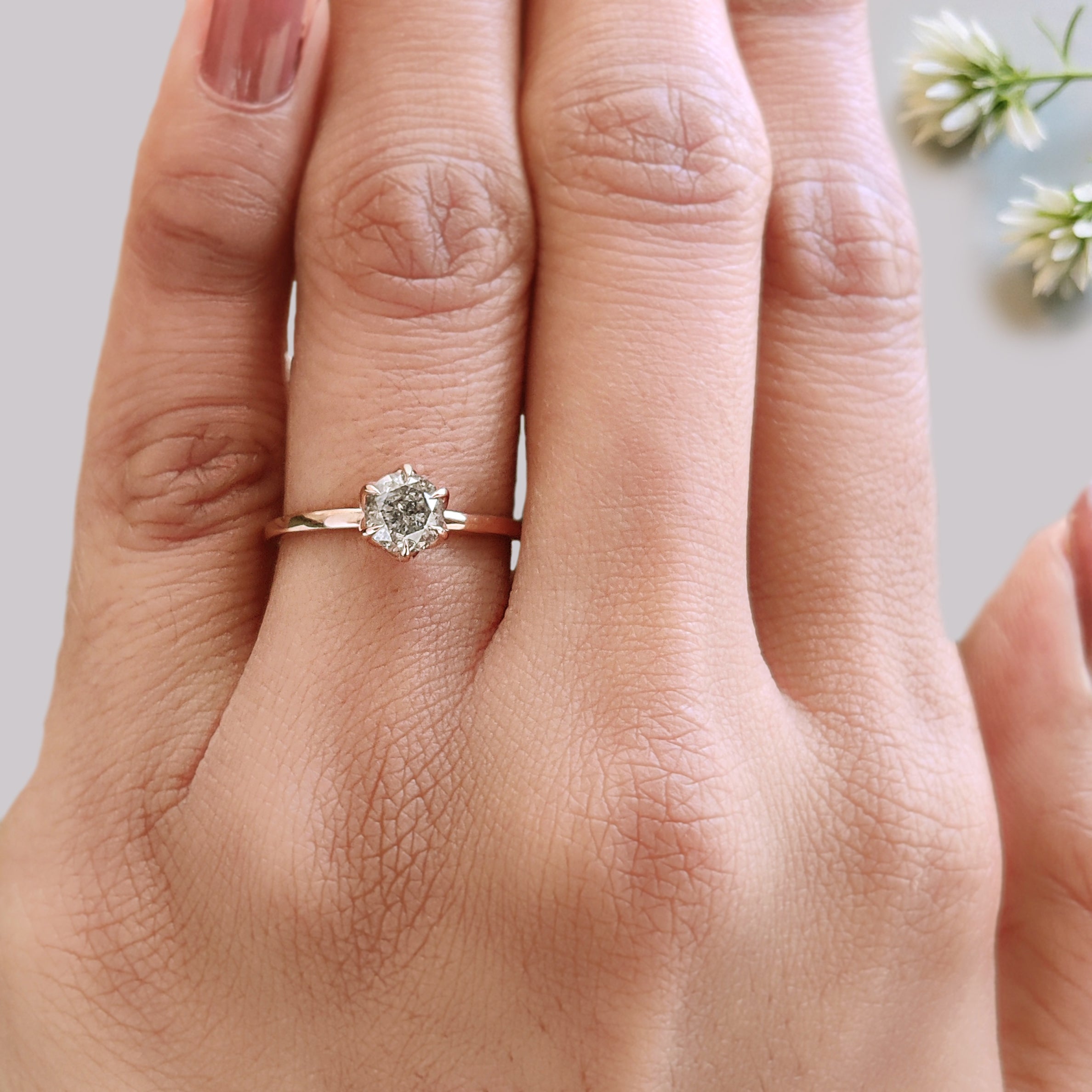 0.65 Ct Natural Round Shape Salt And Pepper Diamond Ring 5.37 MM Round Cut Diamond Ring 14K Solid Rose Gold Silver Engagement Ring KDL3486