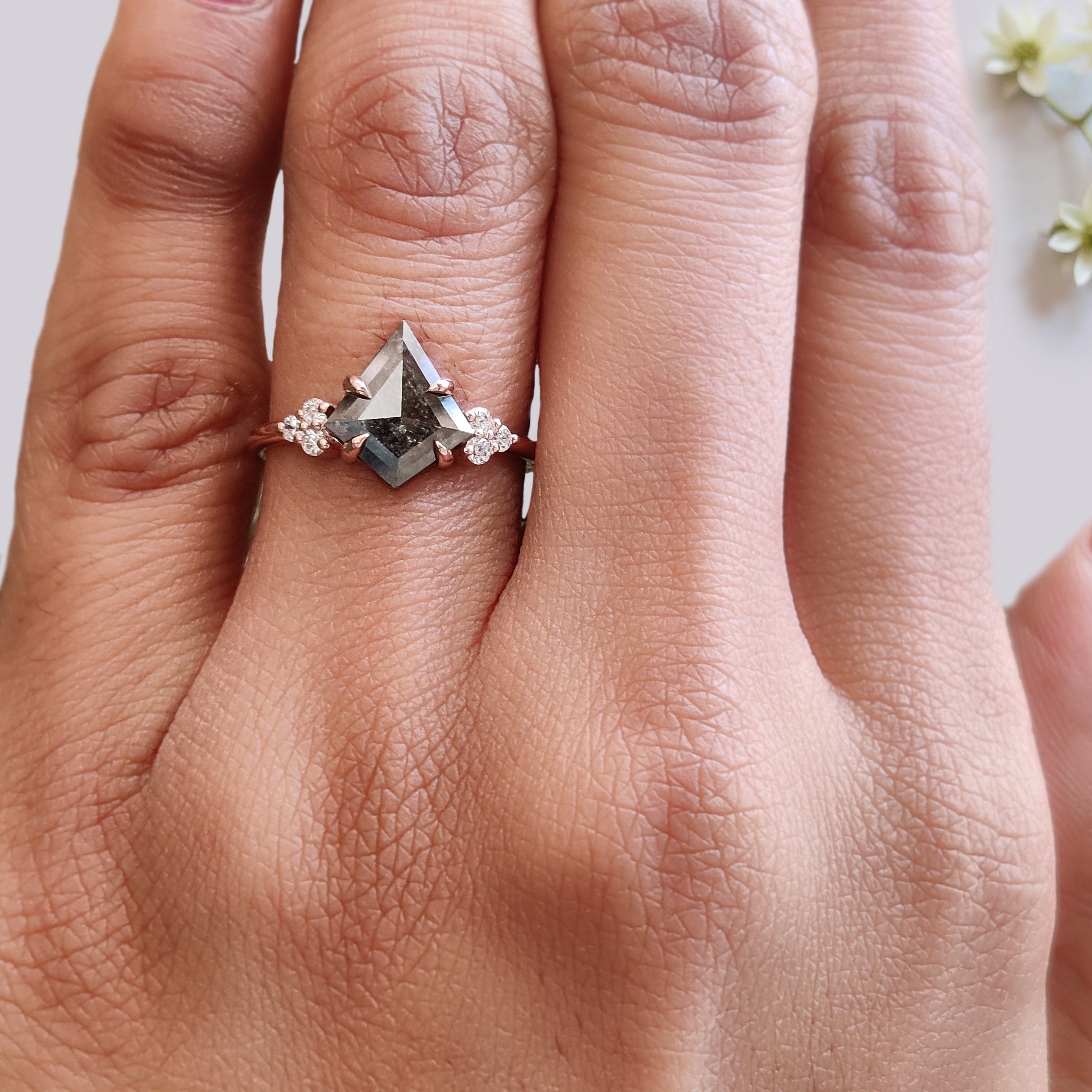 Kite Cut Salt And Pepper Diamond Ring 1.06 Ct 10.04 MM Kite Diamond Ring 14K Solid Rose Gold Silver Engagement Ring Gift For Her KDL3411