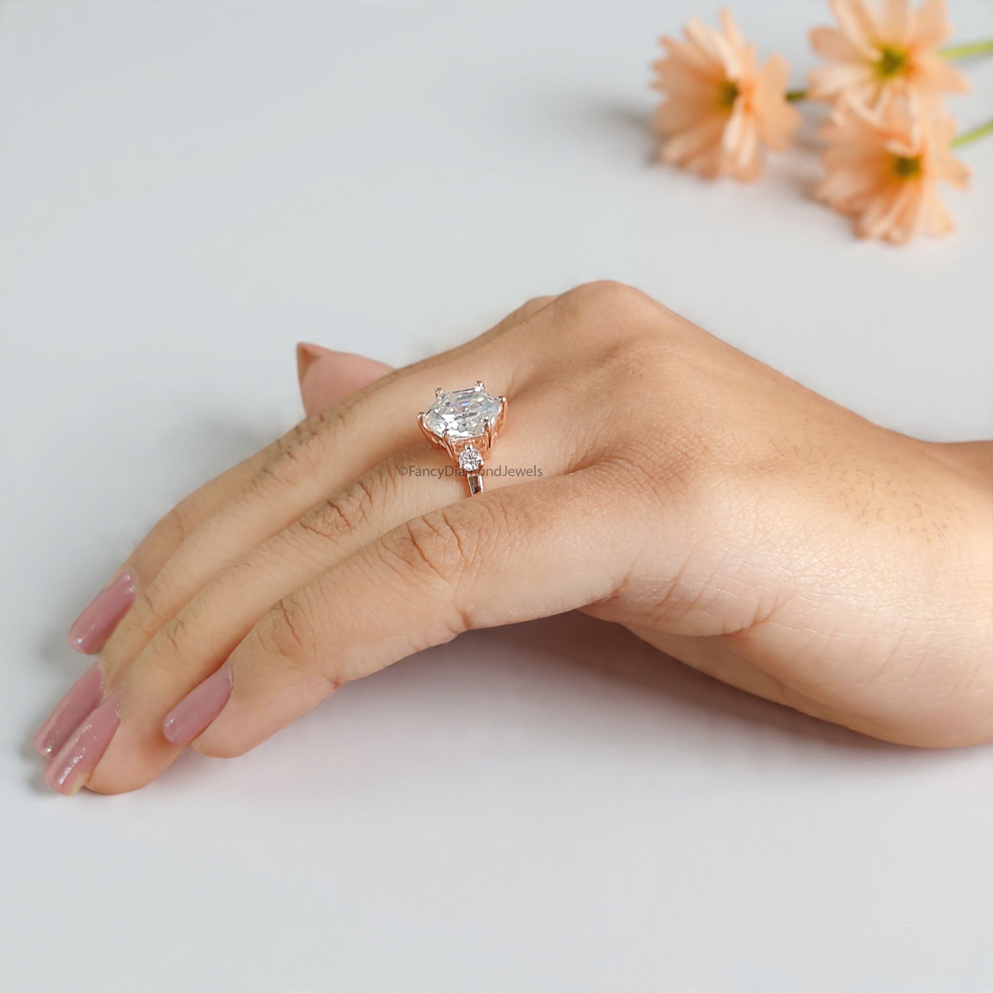 2.95 CTW Antique Hexagon Cut Moissanite Engagement Ring Rose Gold Four Stone Ring Engagement Ring Delicate Wedding Bridal Ring FD235