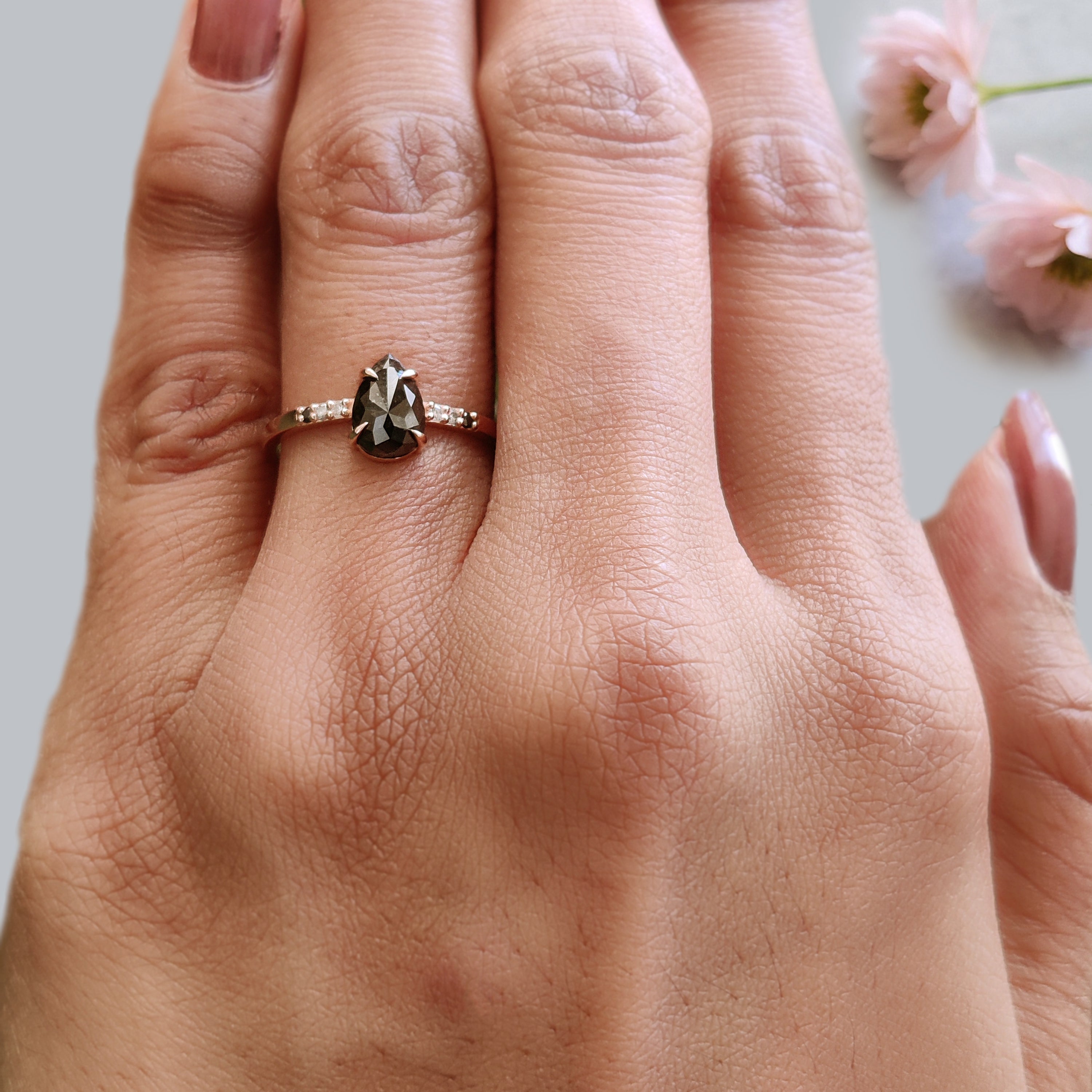 0.89 Ct Pear Shape Black Color Diamond Ring 7.65 MM Pear Cut Diamond Ring 14K Solid Rose Gold Silver Engagement Ring Gift For Her KDN1754