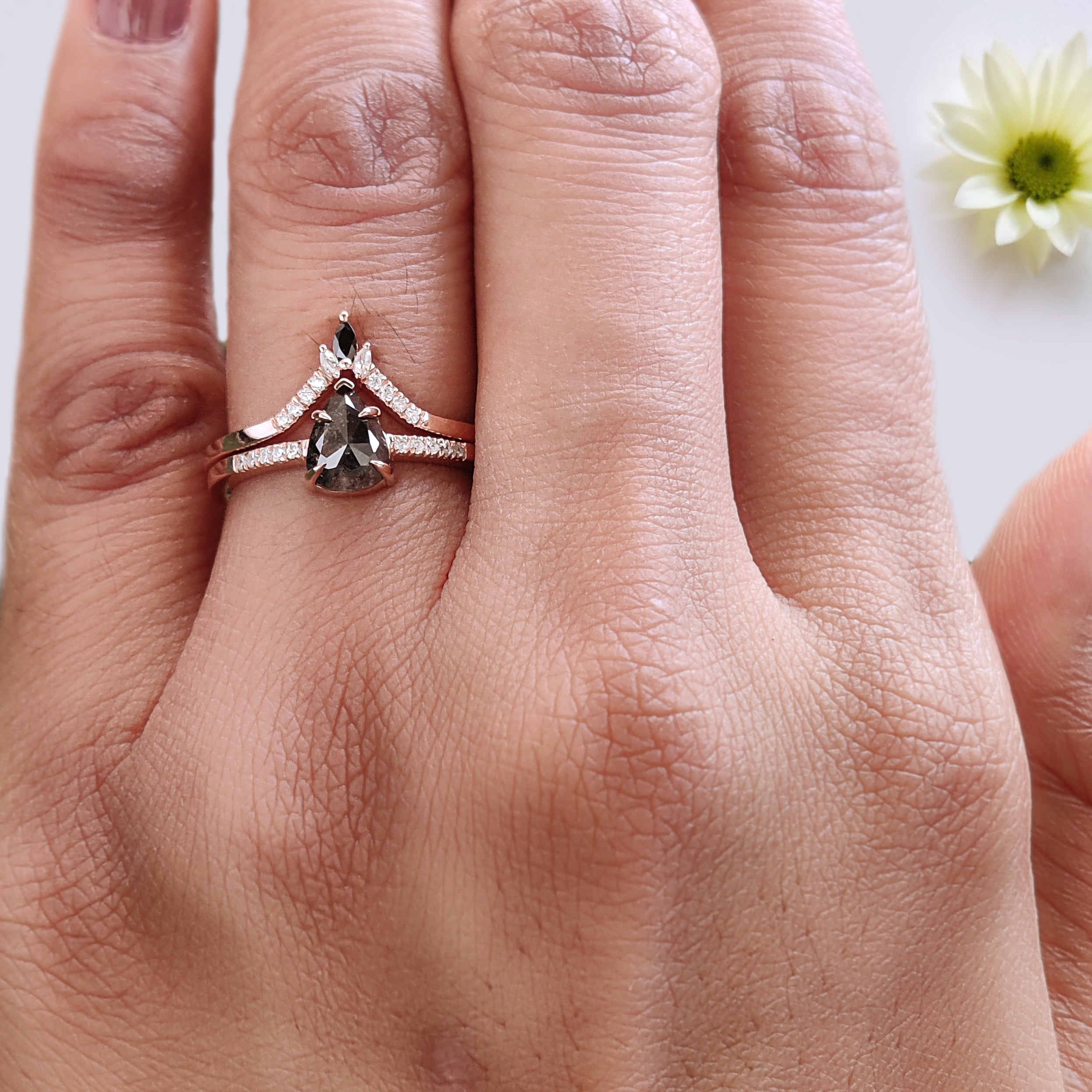 Pear Cut Salt and Pepper Diamond Ring, 14K Rose Gold Pear Engagement Ring, Bridal Set, Unique Pear Shaped Diamond Ring Gift for Her KDN2098