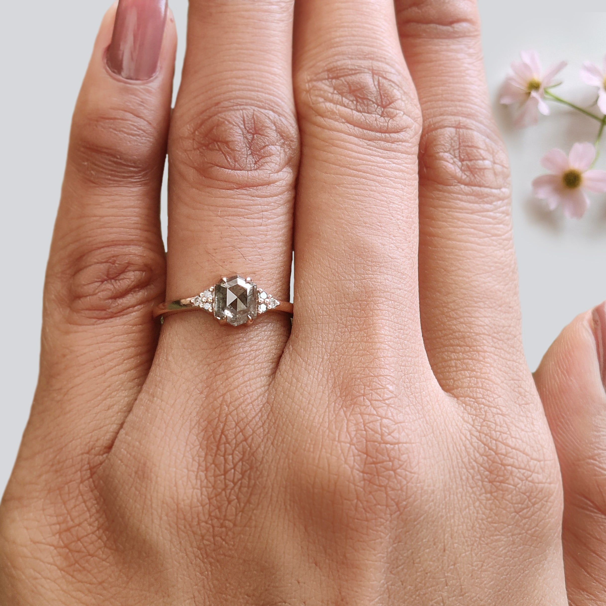 Hexagon Salt and Pepper Diamond Ring, Unique Diamond Engagement Ring, 14K Rose Gold Minimalist Ring, Rustic Bridal Ring, Gift for Her KDL276