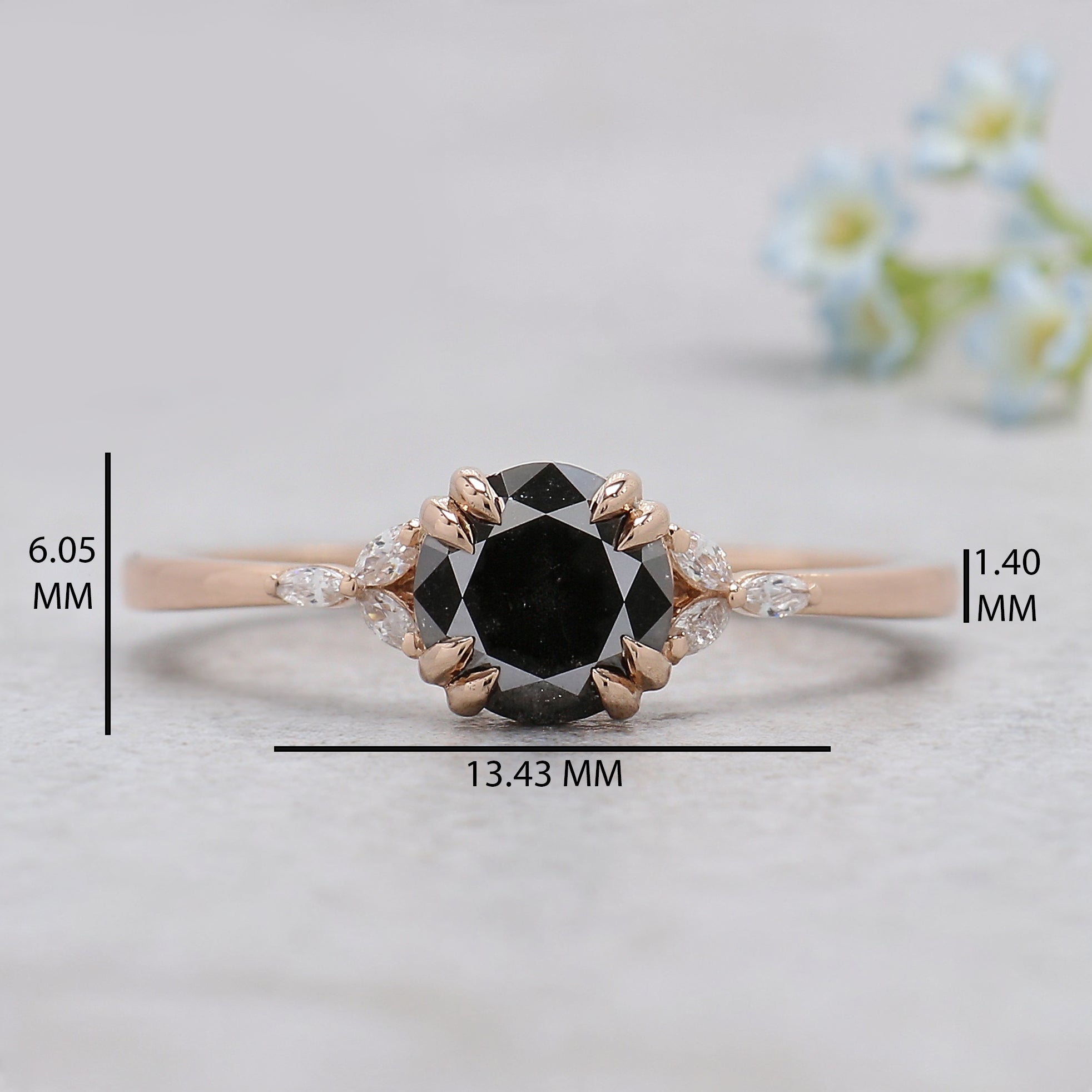 0.90 Ct Natural Round Shape Black Color Diamond Ring 6.05 MM Round Cut Diamond Ring 14K Solid Rose Gold Silver Round Engagement Ring KDL507