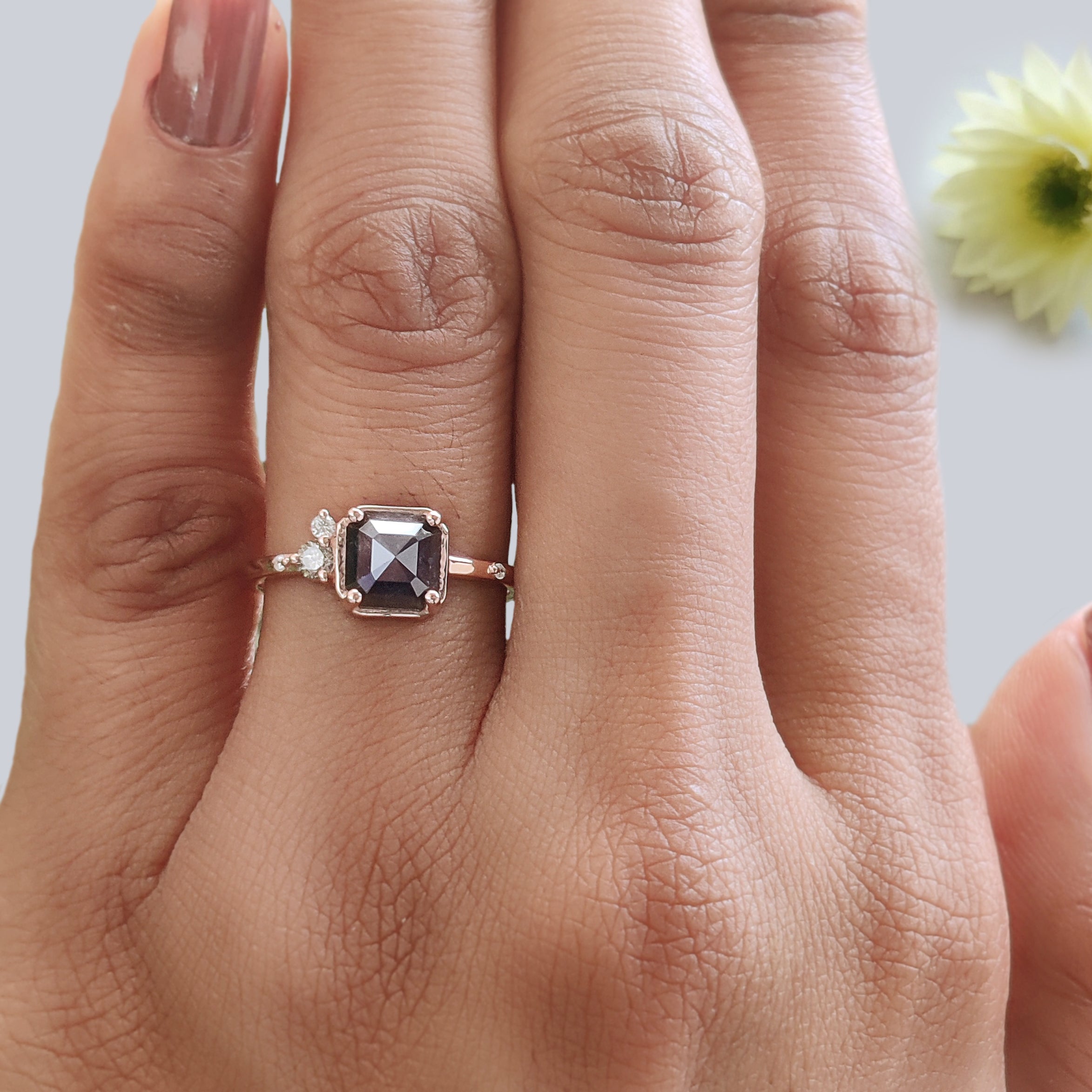 Emerald Shape Salt and Pepper Diamond Ring, Rose Gold Engagement Ring, Unique Bridal Ring, Minimalist Promise Ring Gift for Her KDK1942