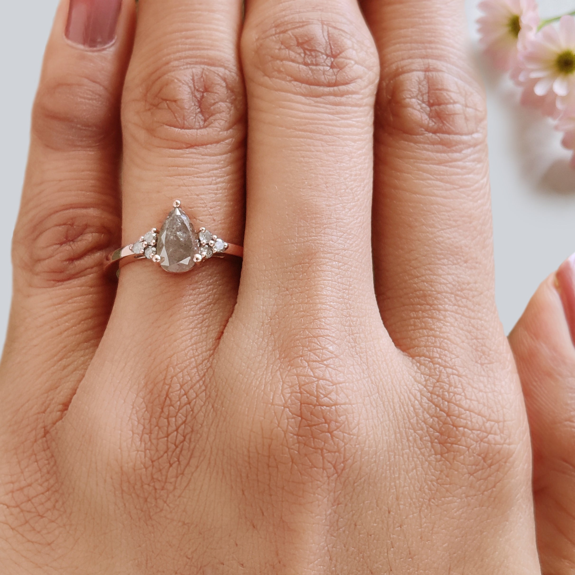 Pear Cut Gray Color Diamond Ring 1.30 Ct 8.43 MM Pear Diamond Ring 14K Solid Rose Gold Silver Pear Engagement Ring Gift For Her KDK2706